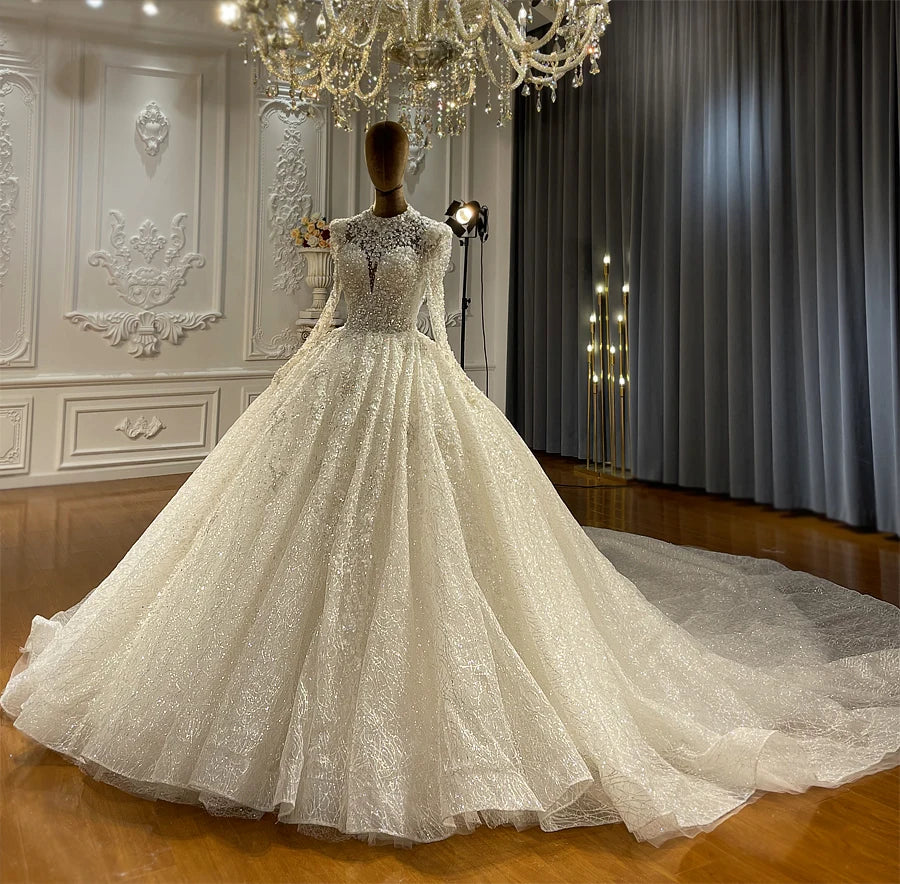 Elegant Long Sleeve Ball Gown Wedding Dress - New Luxury Design with Intricate Detailing | Perfect for Bridal, Formal Events & Romantic Ceremonies