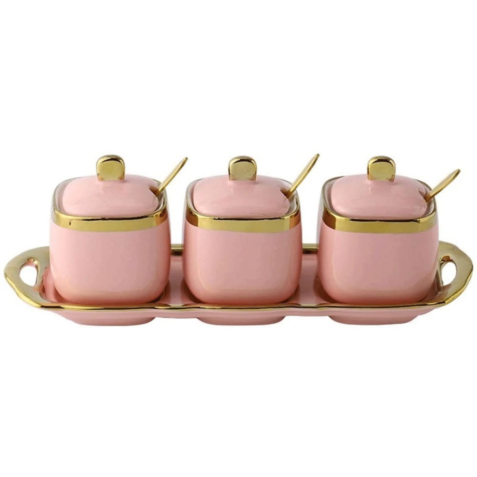 Premium Ceramic Spice Jars Set with Lids & Spoons - 3-Piece Airtight Seasoning Storage Containers for Kitchen Countertop - Perfect for Salt, Pepper, Sugar & Spice Organization (Pink) - Ideal for Home Cooking, Baking & Kitchen Decor