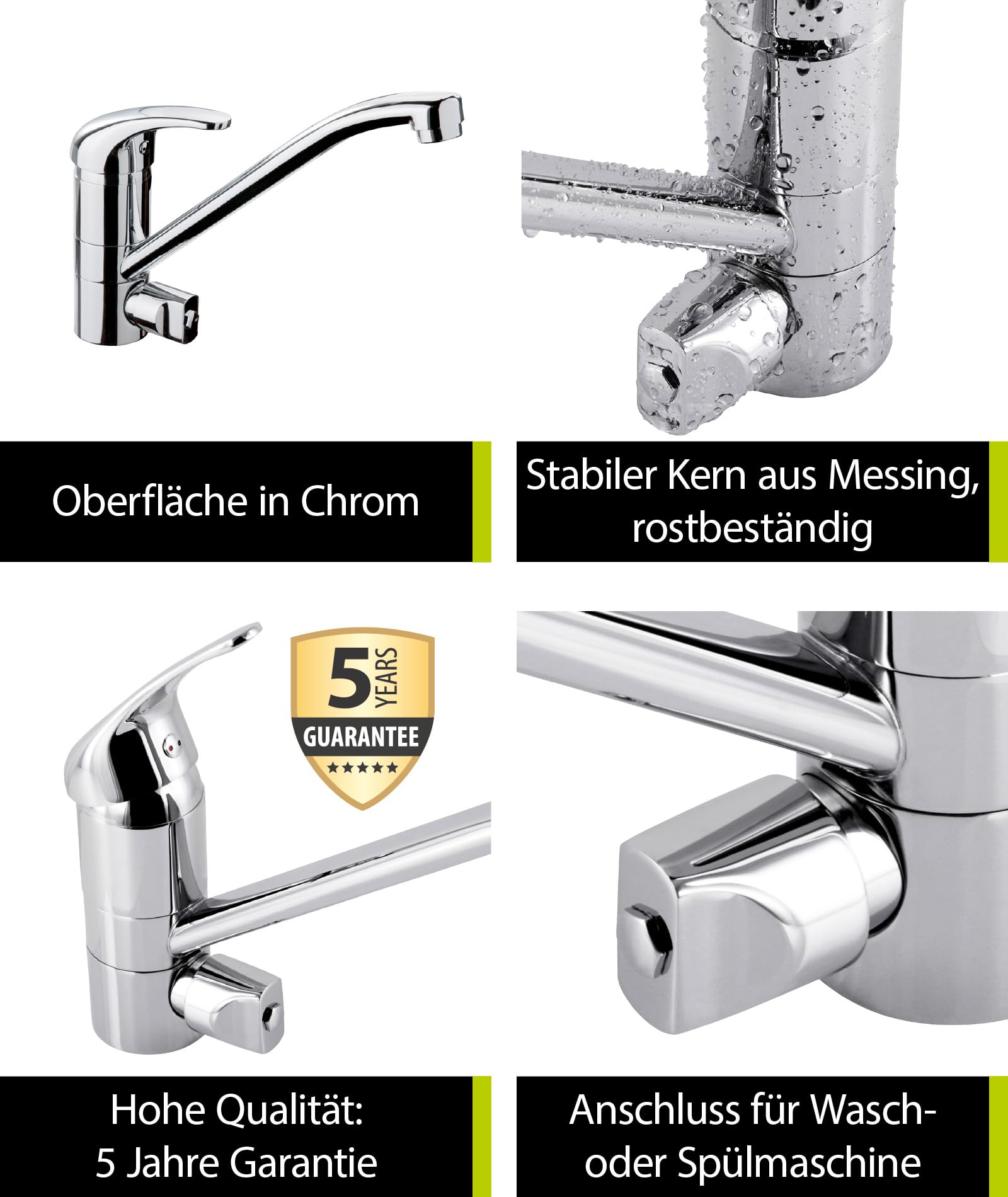 AquaSu® 796026 Water Saving Single Lever Kitchen Sink Faucet with Swivel Spout - Brass Core Chrome Finish for Modern Home & Restaurant Use