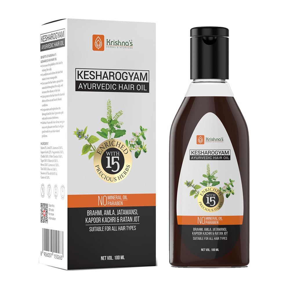 Krishna's Kesharogyam Ayurvedic Hair Oil - 100ml Natural Hair Growth Treatment with 15 Herbs (Amla, Jatamasi) | Paraben-Free for Strong, Healthy Hair | Perfect for Daily Scalp Massage & Hair Care Routine