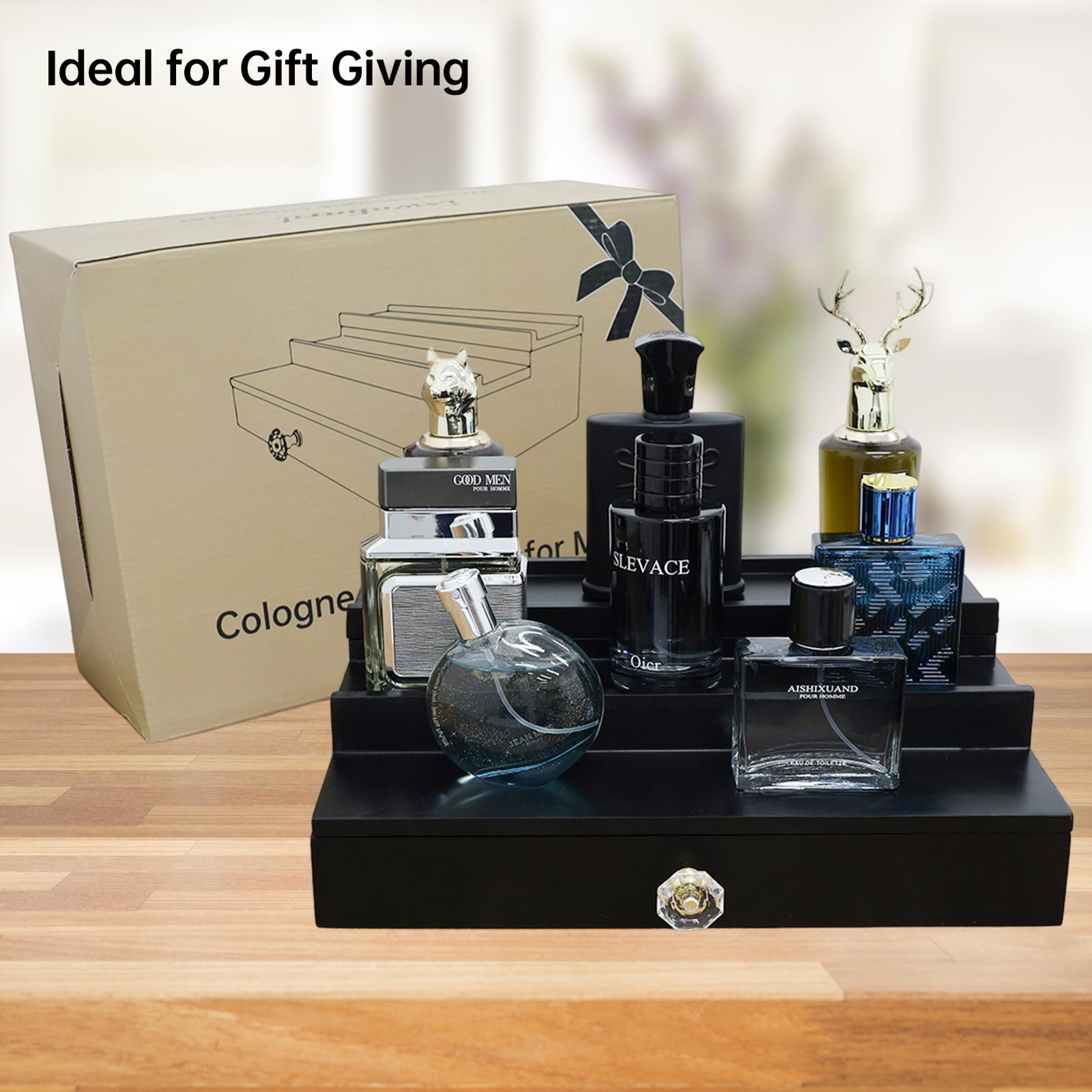 Premium 3-Tier Wooden Cologne Organizer for Men - Black Perfume Display Stand with Storage Drawer, Countertop Organizer & Cologne Holder - Perfect Gift for Dresser, Bathroom, or Vanity Organization