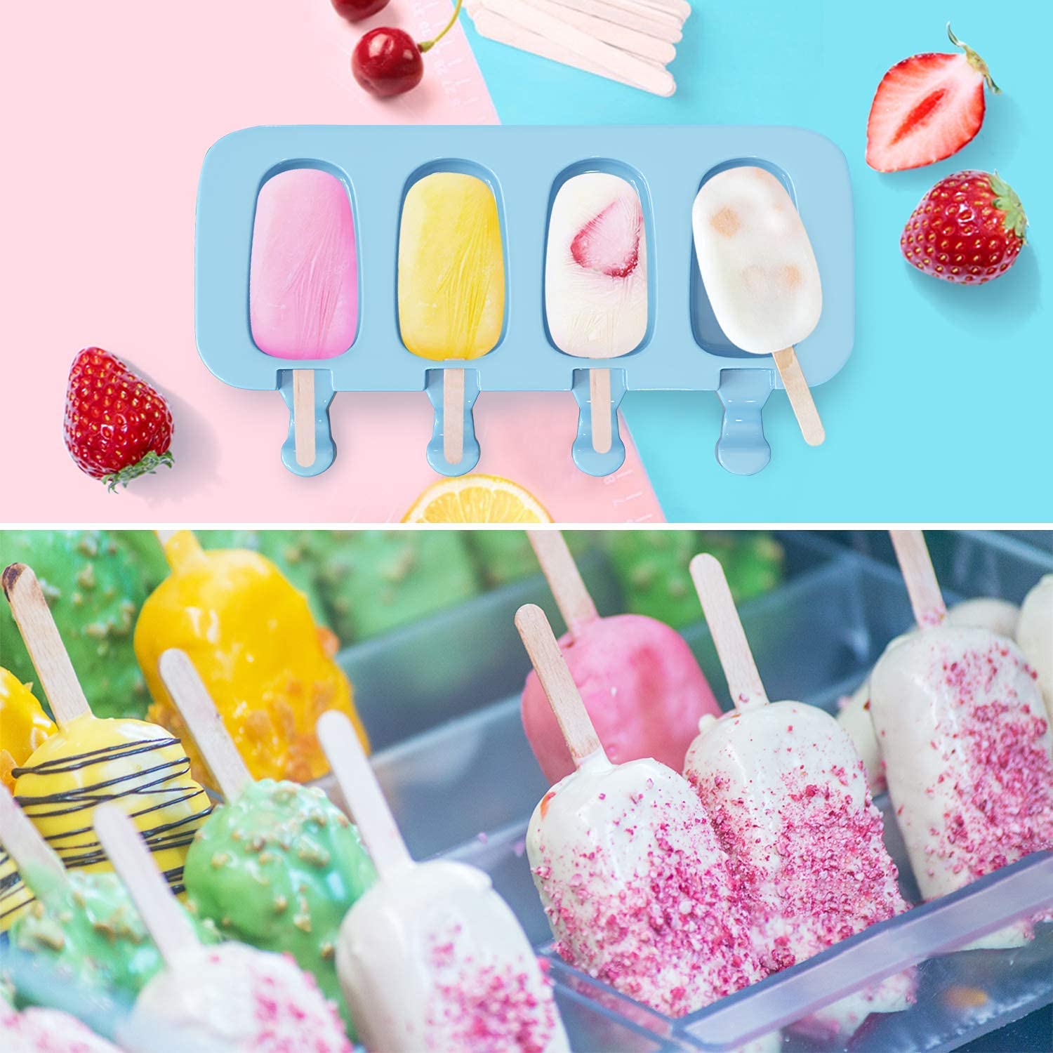 Ozera 2-Pack Reusable Silicone Popsicle Molds for Homemade Ice Cream, Cake Pops & Creamsicles - Includes 50 Wooden Sticks & 50 Popsicle Bags - Perfect for Summer Treats, Kids Snacks & Party Desserts