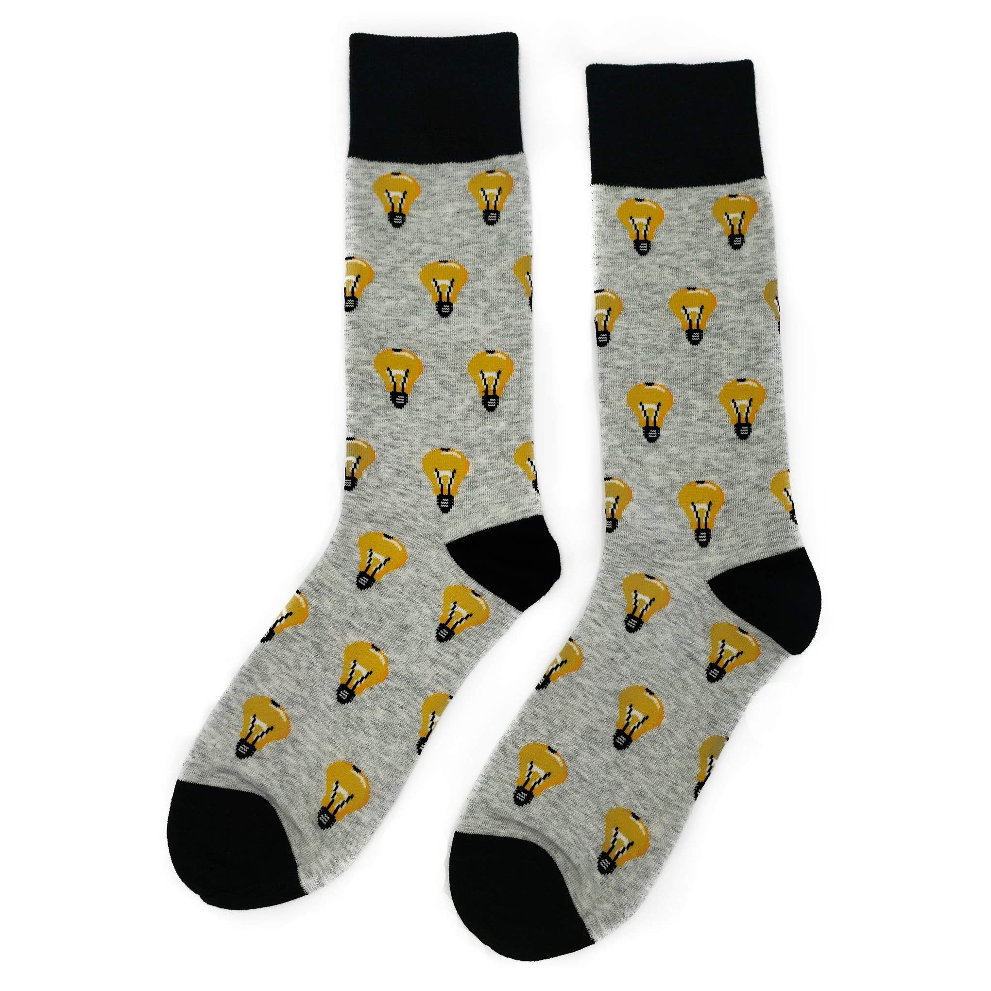 Funny Light Bulb Dress Socks for Men - Novelty Crazy Fun Design, Size 8-12, Cotton Crew Socks, Colorful Funky Fancy Gift - Perfect for Office, Parties & Casual Wear