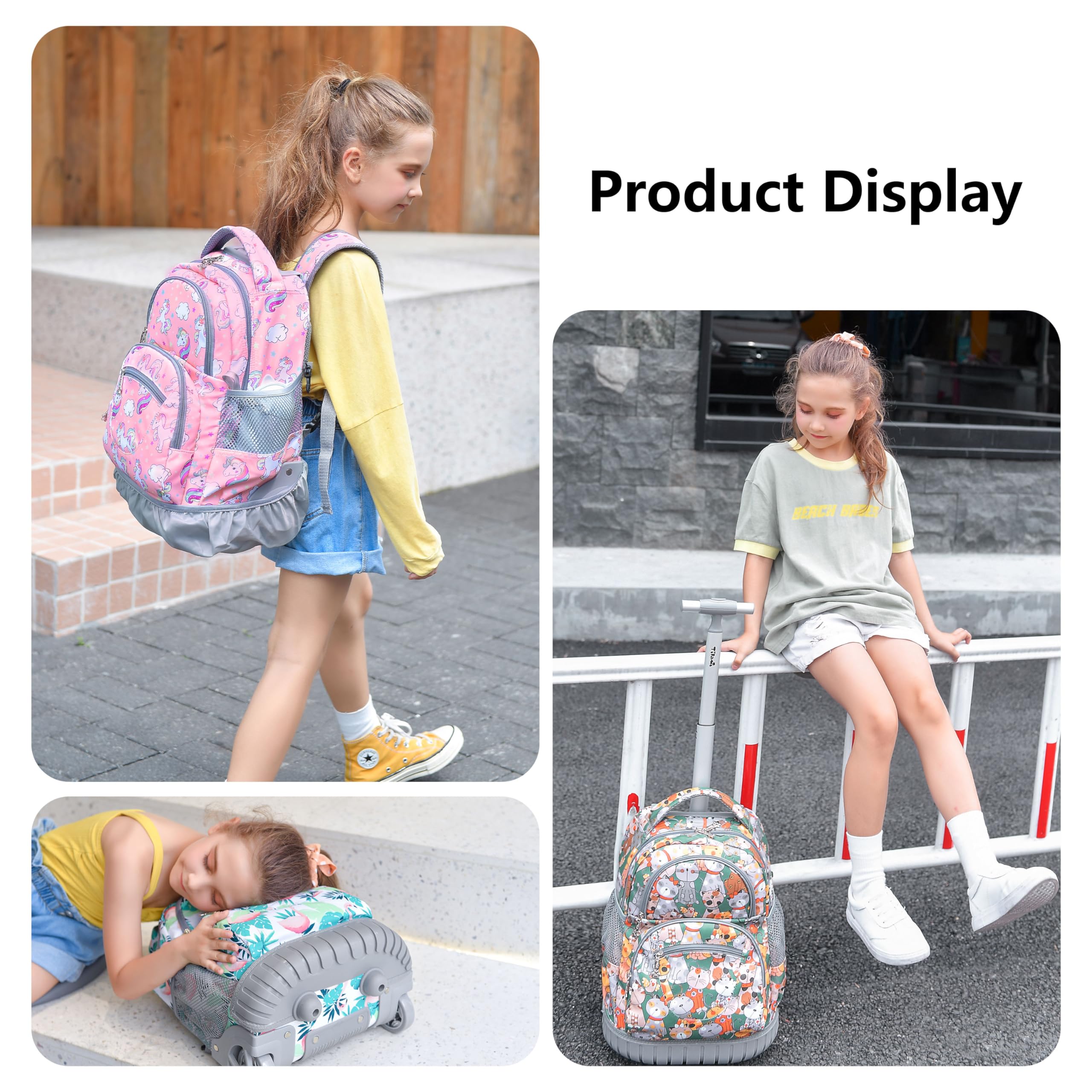 TILAMI 16 Inch Rolling Backpack for Kids - Adjustable Wheeled Laptop Backpack for Boys & Girls, School, Travel, Camping - Rainbow Unicorn Design | Perfect for Daily Commute, Weekend Trips & Outdoor Adventures
