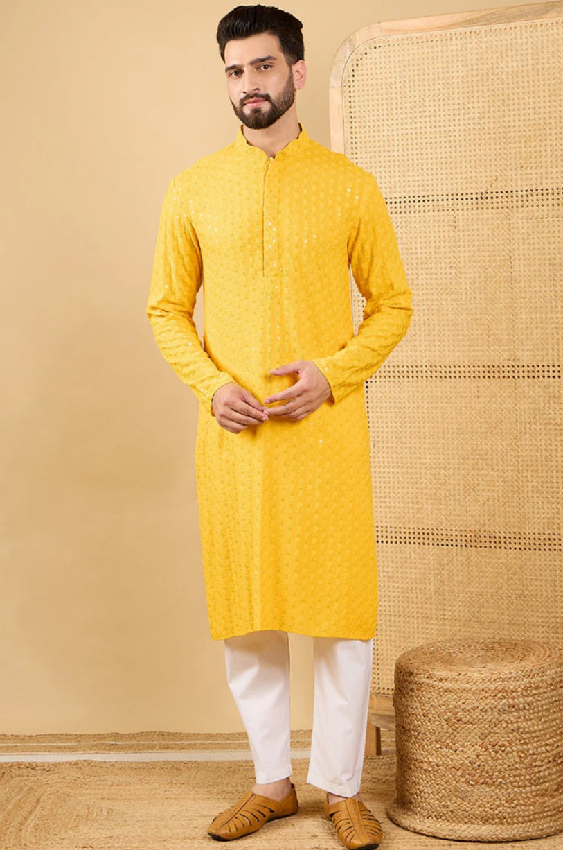 Men's Yellow Embroidered Chikankari Kurta - Traditional Indian Cotton Tunic for Casual Wear & Festive Occasions