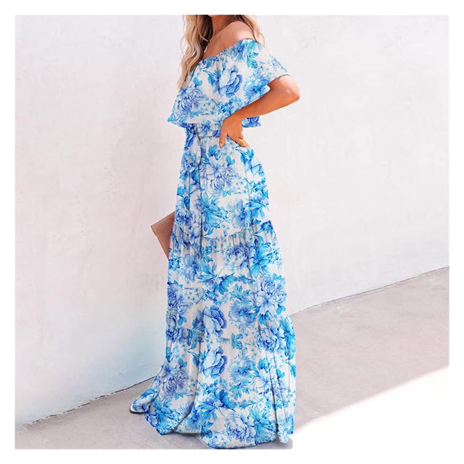 Elegant Ruffled Off-Shoulder Self-Belted Party Dress - Cotton Boho Maxi Dress for Women Plus Size (Color A, Size M) - Perfect for Weddings, Beach Vacations & Summer Parties