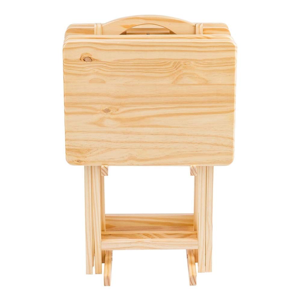 MFS Basics Classic TV Dinner Tray Set with Holder - 4-Piece Natural Wood Snack Table Set for Movie Nights, Gaming, and Family Dining