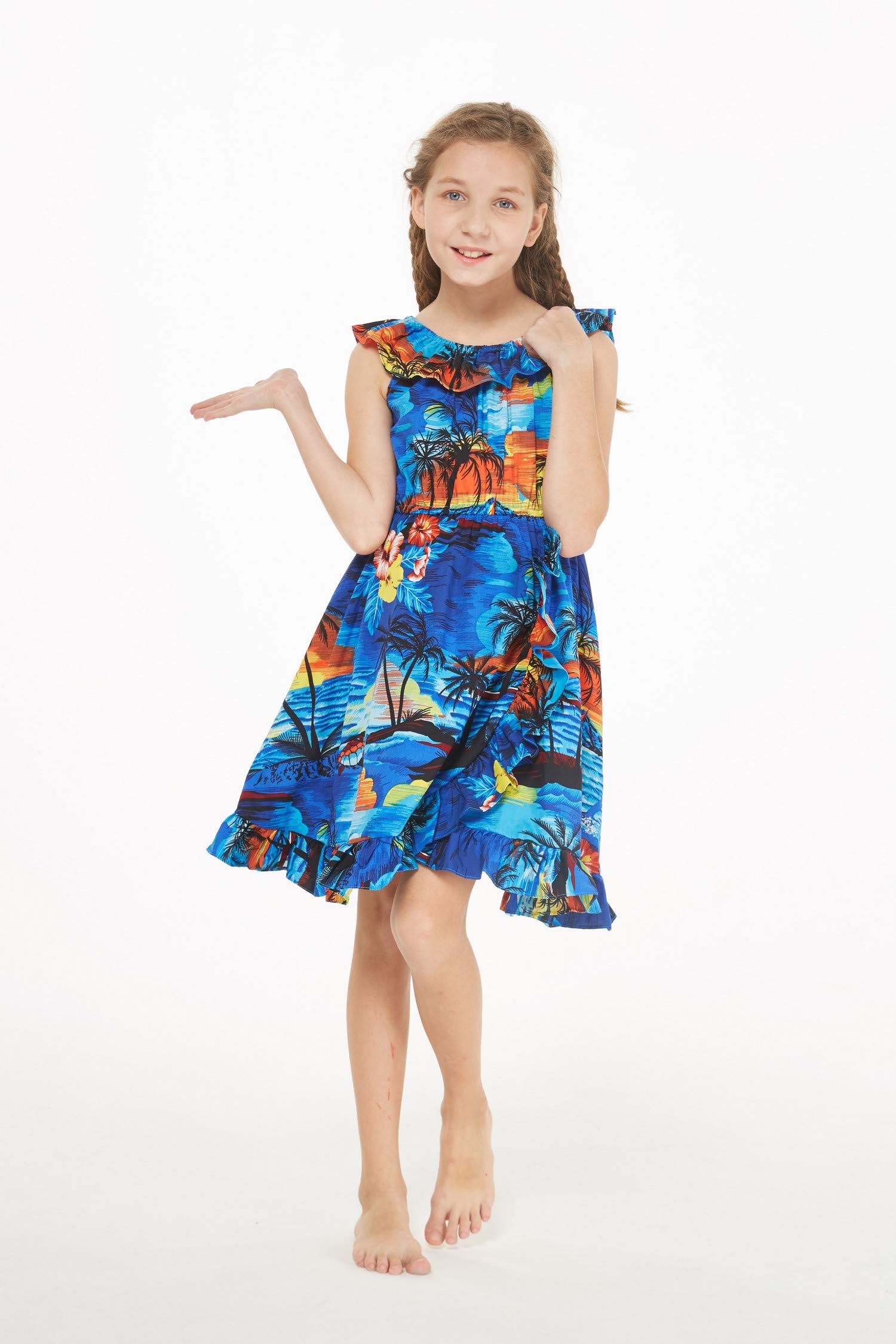 Vintage Tropical Toile Luau Wrap Ruffle Dress for Girls - Perfect for Hawaiian Themed Parties, Beach Vacations & Summer Photoshoots
