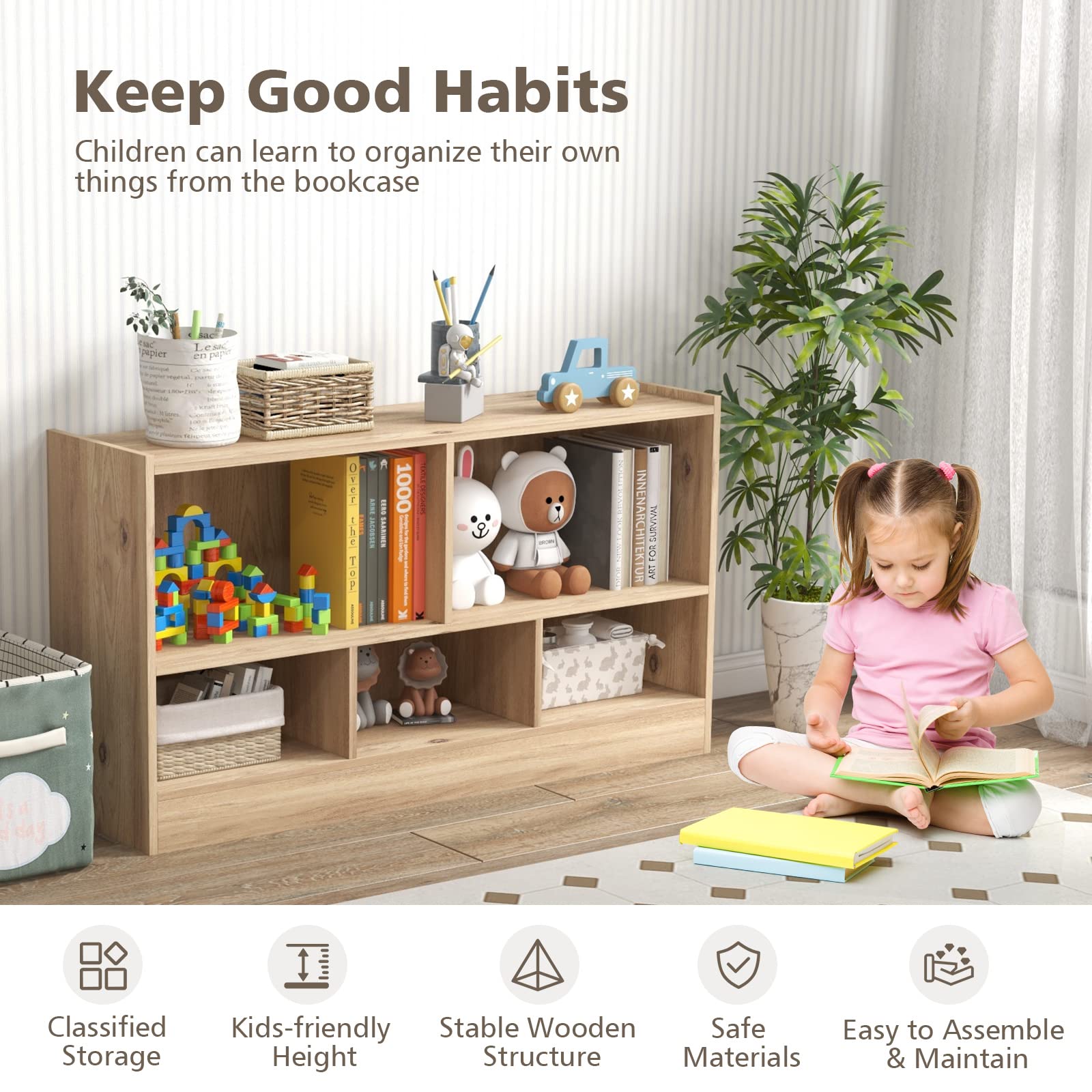 HOMGX 5-Section Wooden Montessori Shelf for Kids - 2-Tier Open Bookshelf & Toy Storage Organizer - Natural Wood Kids Furniture for Playroom, Classroom, Nursery & Bedroom - Perfect for Organizing Books, Toys & Learning Materials