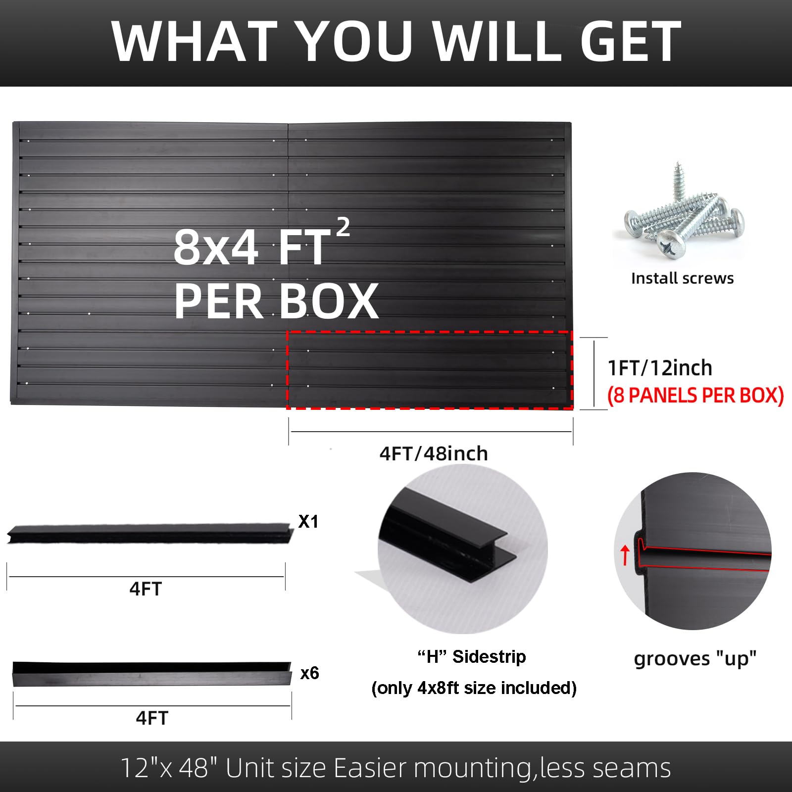 Black Slatwall Panels 4x8 ft - PVC Garage Wall Organizer & Tool Storage System | Durable Slat Board for Garage, Workshop, Retail & Home Organization | Easy Wall Mount Installation