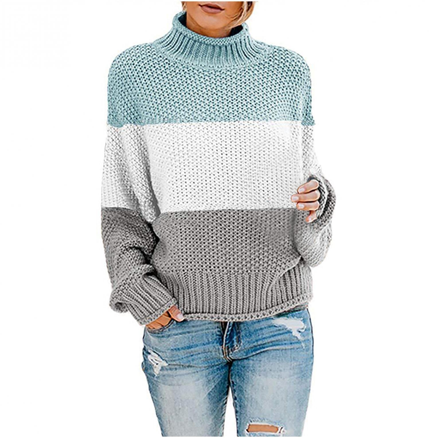 Women's Chunky Knit Turtleneck Pullover Sweater - Batwing Sleeve Oversized Color Block Jumper Top | Cozy Winter Fashion, Casual Outfit & Holiday Style