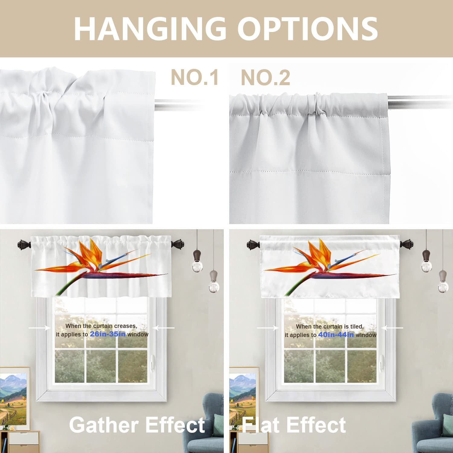 Flower Tropical Kitchen Valances Window Curtain - Bird of Paradise Orange Tropical Blackout Drapes for Decorative Home Decor, Perfect for Kitchen, Bedroom, and Living Room
