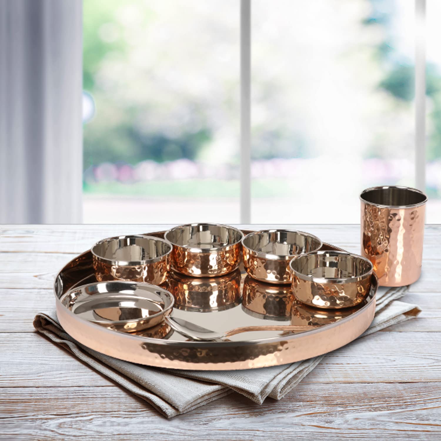 Traditional Indian Stainless Steel & Copper Hammered Thali Set - Includes Plates, Bowls, Glass & Spoon - Elegant Home & Kitchen Serving Tableware for Festivals, Weddings & Daily Dining