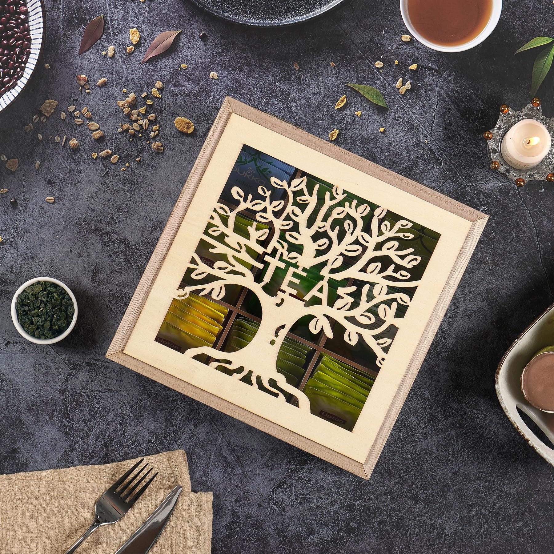 Premium Wooden Tea Box Organizer - Tea Bag Holder & Storage for Loose Leaf & Tea Bags | Perfect for Kitchen Countertop, Office Desk & Gift Giving