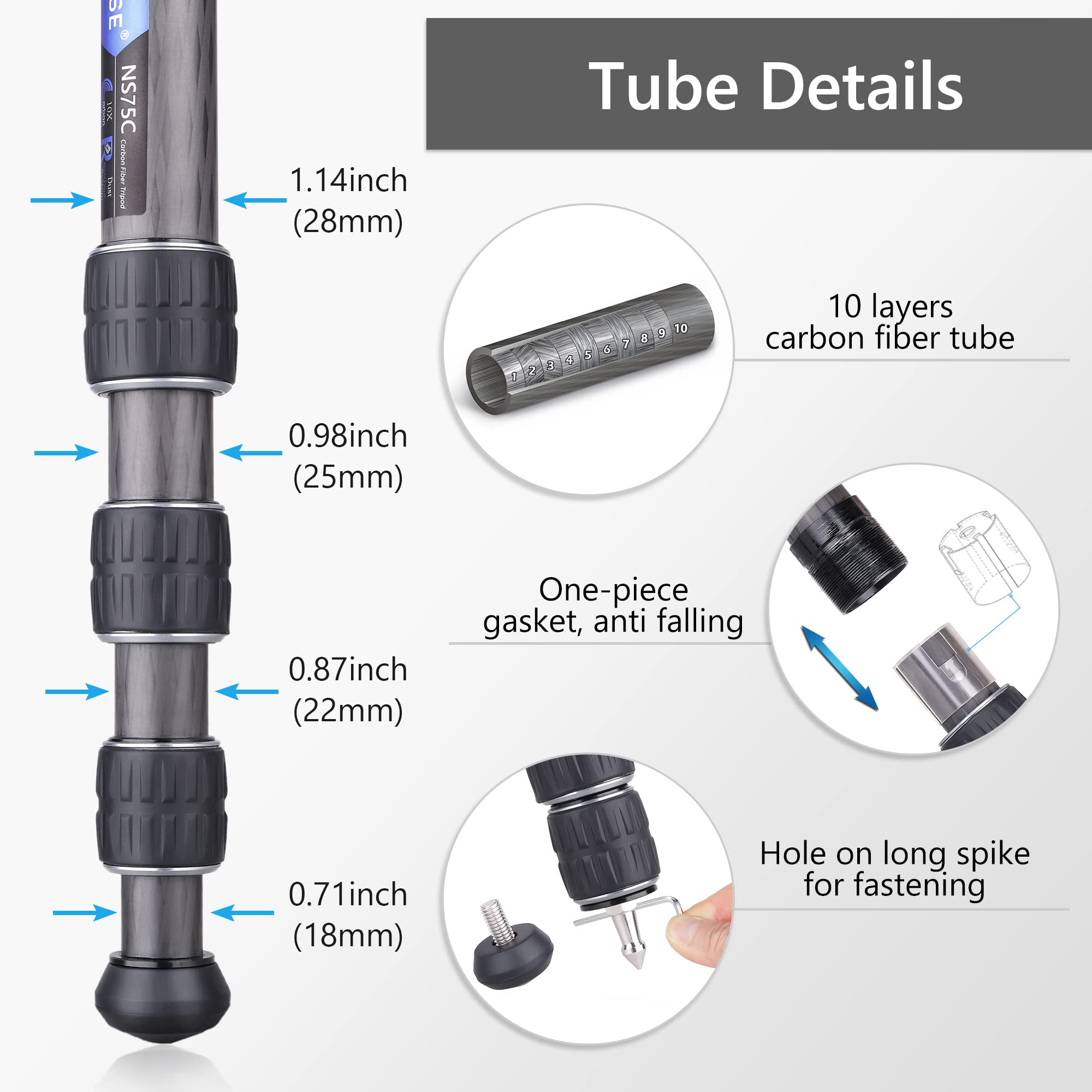 ARTCISE NS75C Professional Carbon Fiber Camera Tripod - 36mm Low Profile Ball Head, Special-Shaped Center Column, 10-Layer Carbon Fiber Legs, 28mm Tube Diameter, 44lbs/20kg Max Load - Perfect for Travel, Landscape & Studio Photography