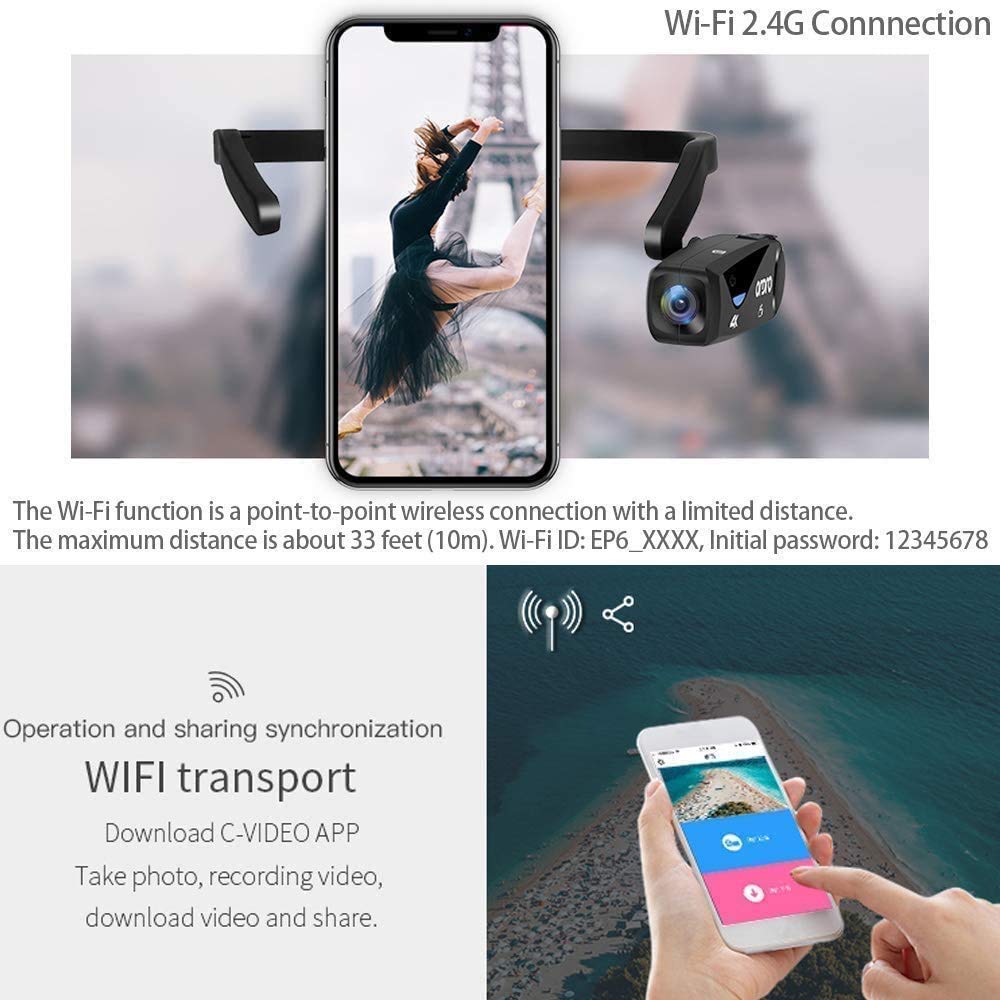 ORDRO EP6 4K Wearable Head Mounted Camera - FHD 1080P 60FPS WiFi Vlogging Camera with 32GB Card - Hands-Free Webcam for Action Sports, Travel Vlogging & Live Streaming