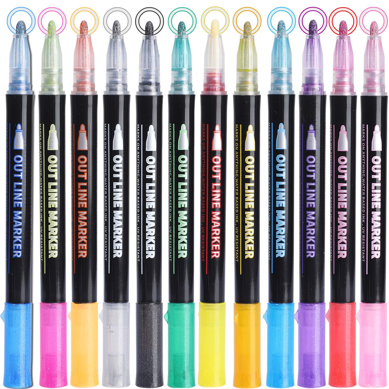 KINGMAS 12 Colors Metallic Markers Set - Double Line Glitter Pens for Drawing, Sketching, DIY Crafts, Christmas Cards & Greeting Cards - Perfect for Art Projects, Scrapbooking, and Gift Wrapping