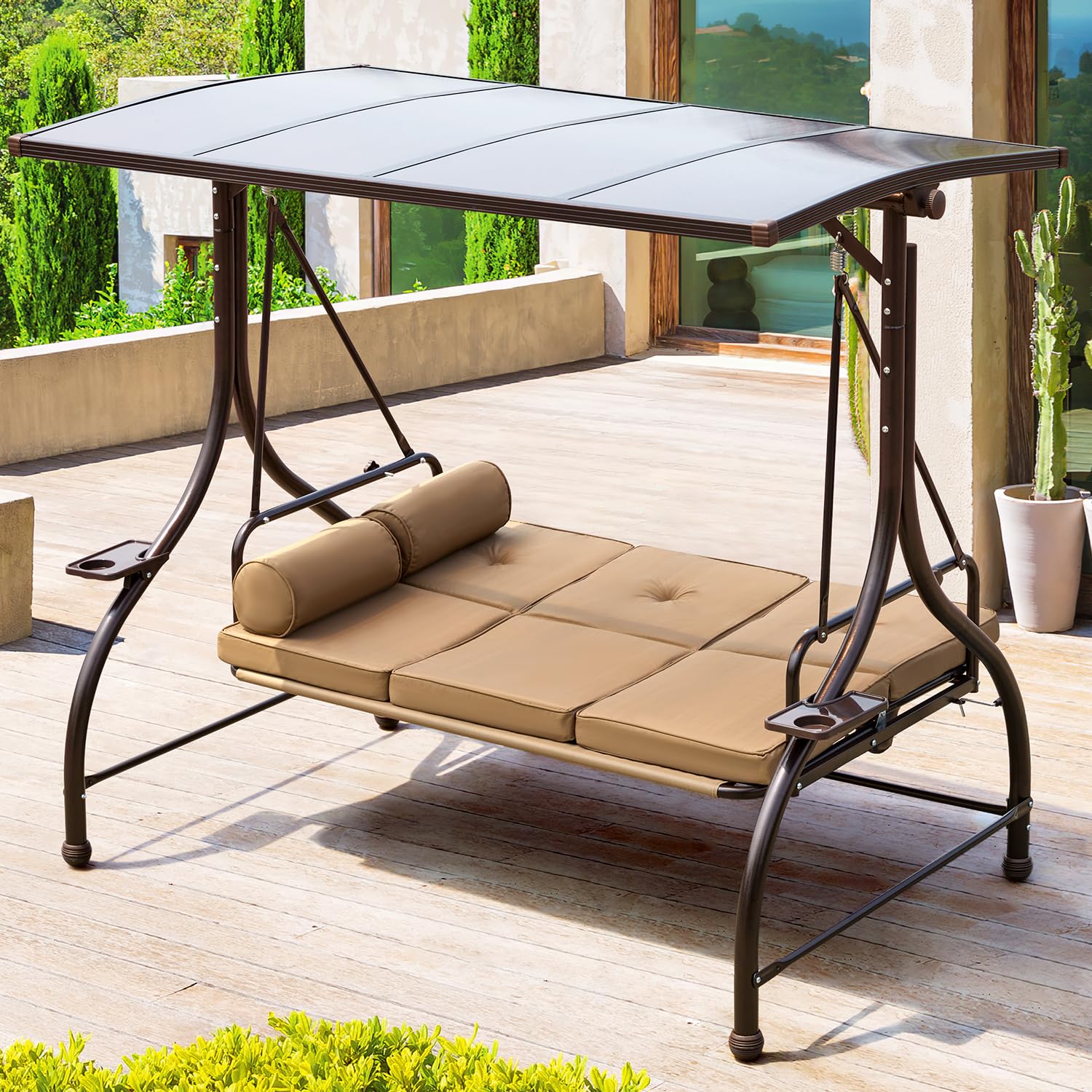 YOLENY 3-Person Outdoor Patio Swing with Hardtop & Cup Holders - Convertible Porch Swing Bench with Cushion & Pillows - Perfect for Front Porch, Garden, Lawn or Backyard Relaxation