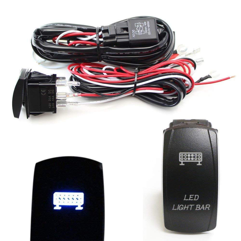 iJDMTOY 2-Output Universal Relay Wiring Harness with Blue LED Rocker Switch for Off-Road LED Light Bars, Pod Lights, Fog Lights & Driving Lights - Easy ON/OFF Control for Trucks, Jeeps & ATVs