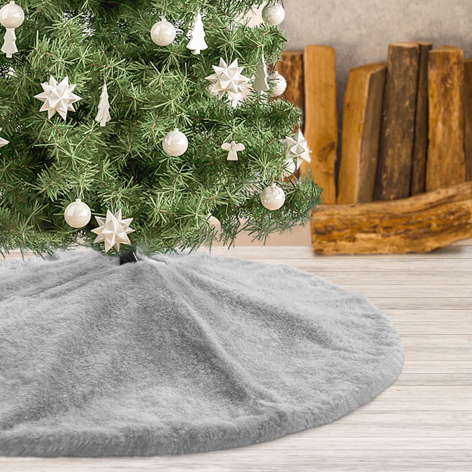 36 Inch Grey Faux Fur Christmas Tree Skirt with Shiny Streamers - Xmas Tree Base Cover Mat for Holiday Home Decor, Party & Festive Celebrations (90cm)