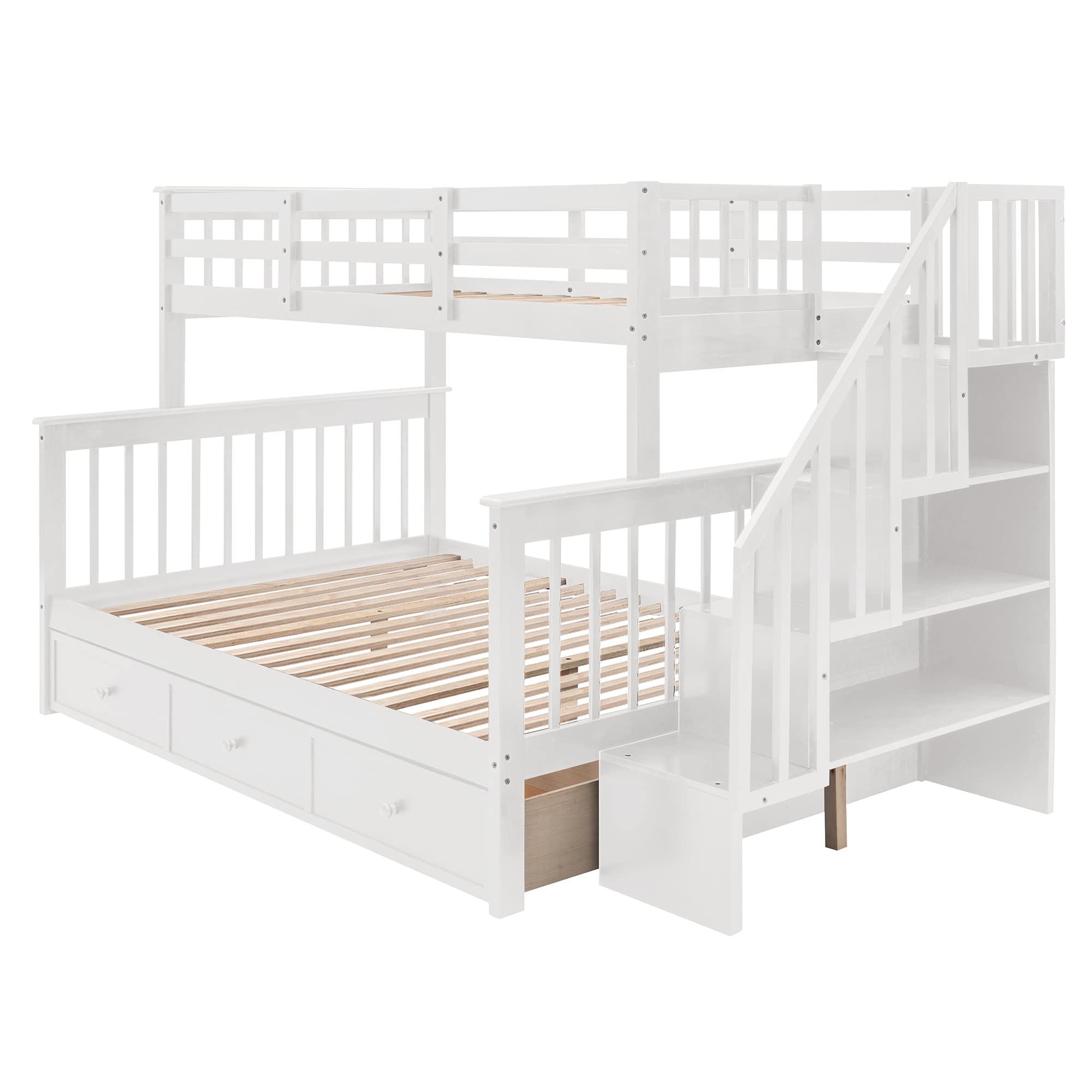 MERITLINE Twin Over Full Bunk Bed with Stairs - Solid Wood Bunk Bed Frame with Storage Drawers & Shelves, No Box Spring Required - White - Perfect for Kids' Bedrooms, Guest Rooms & Small Spaces