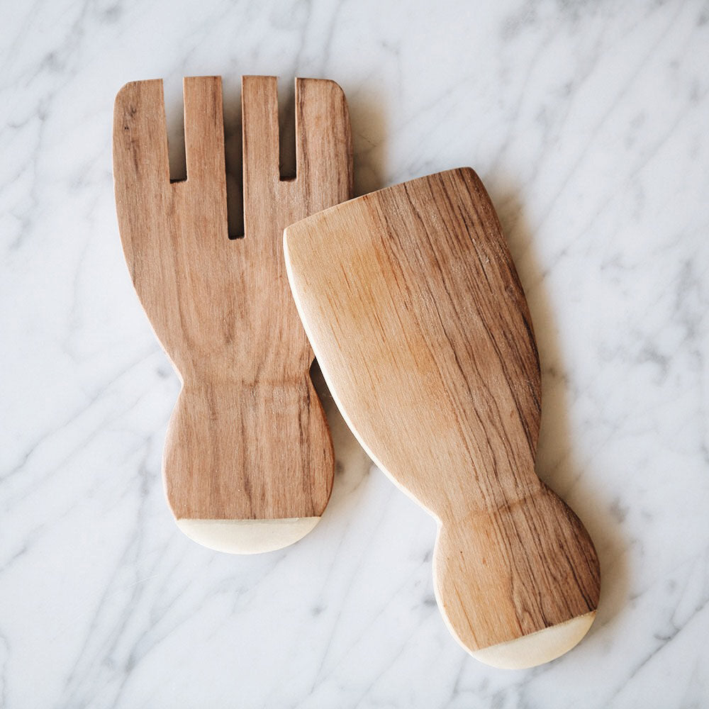 Premium Wild Olive Wood Salad Servers Set - Handcrafted Wooden Paddle Utensils for Serving Tossed Salads, Pasta & Appetizers - Perfect for Dinner Parties, BBQs & Healthy Eating