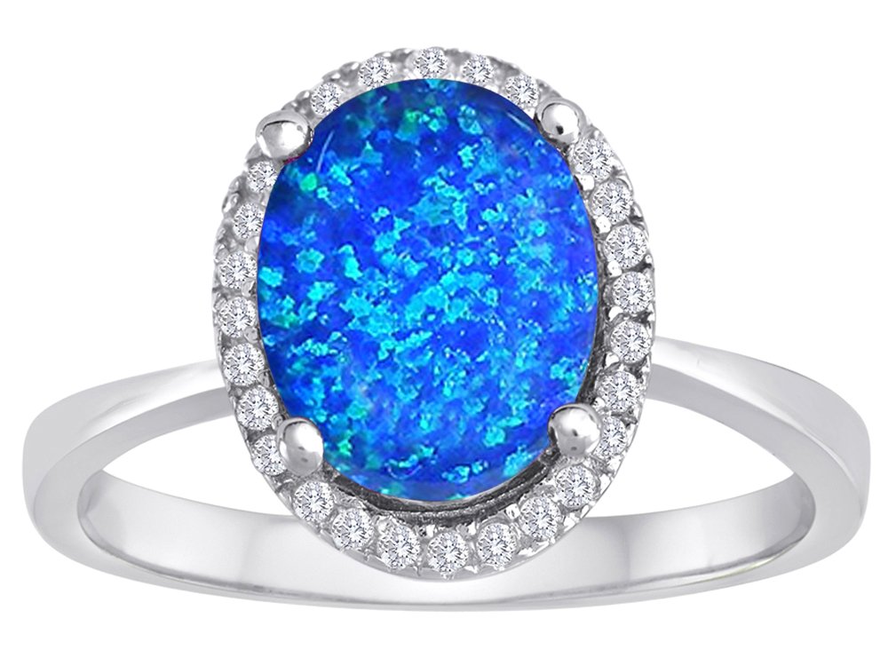 Star K Oval Simulated Blue Opal Halo Ring Sterling Silver - Elegant Vintage Jewelry for Women, Perfect for Weddings, Anniversaries & Special Occasions