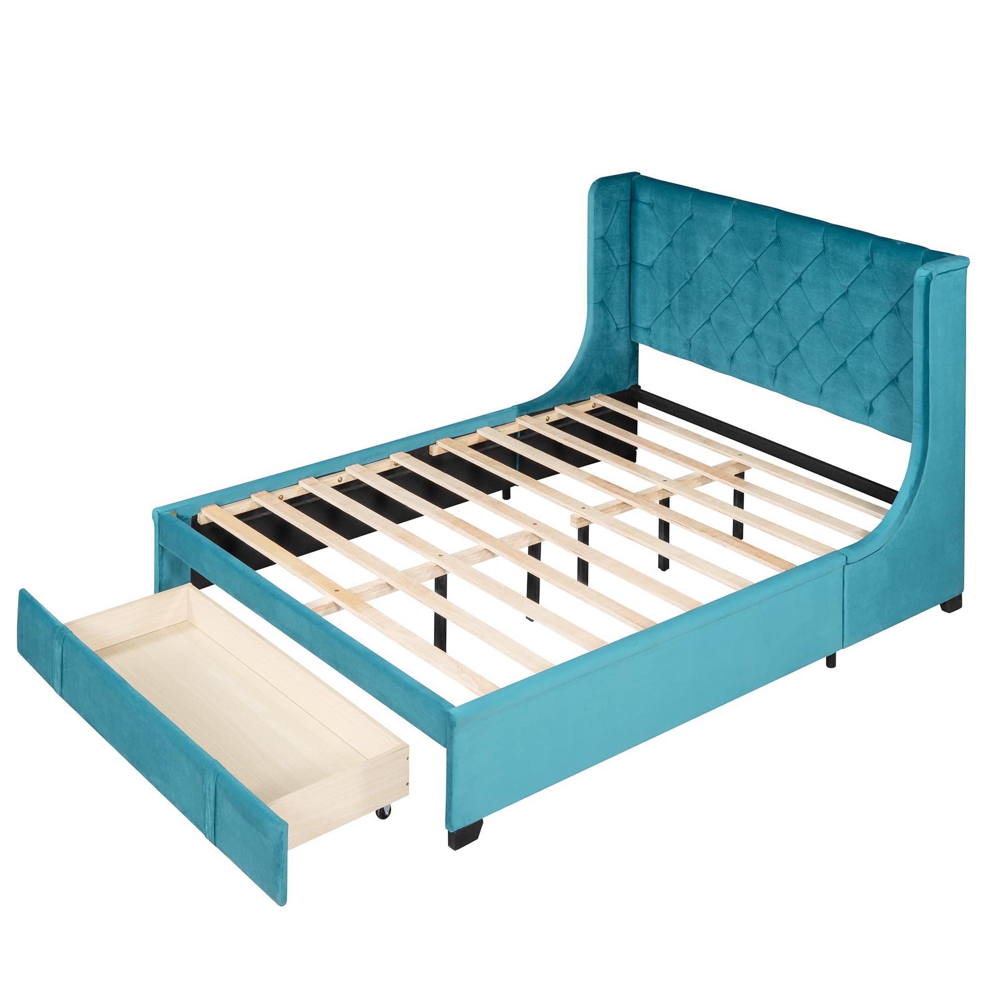 Luxury Velvet Upholstered Platform Bed Frame with Wingback Headboard & Storage Drawer - Queen Size Blue Bedroom Furniture for Modern Homes | No Box Spring Needed, Easy Assembly, Sturdy Slat Support System | Perfect for Master Bedrooms, Guest Rooms & Small Space Apartments