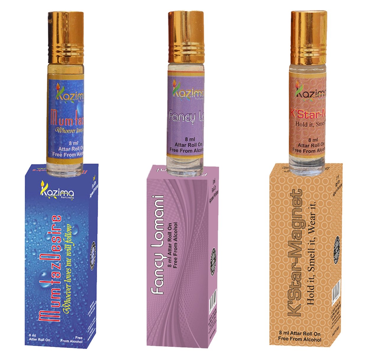 KAZIMA Premium Magic Moment Fragrance Roll-on Attar Perfume - Unisex Scent (Mumtaz Desire, Fancy Lomani, K'Star-Magnet) 8ml Each - 3-Pack Gift Set for Daily Wear, Office & Special Occasions