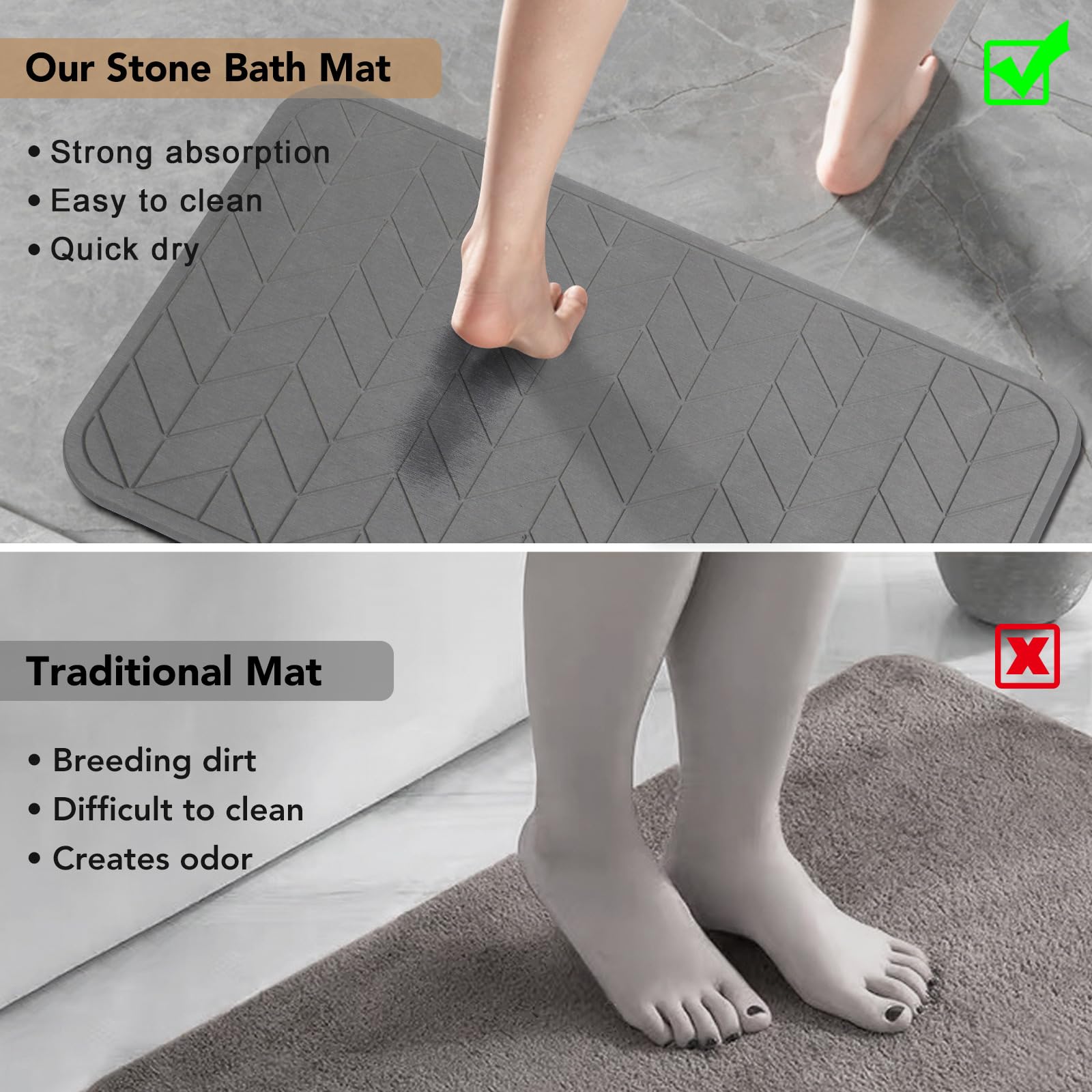 Premium Non-Slip Diatomaceous Earth Bath Mat - Super Absorbent & Quick Drying Stone Shower Mat for Bathroom Floor (2 Pack, Grey) - Perfect for Wet Rooms, Spa, and Luxury Bathroom Decor