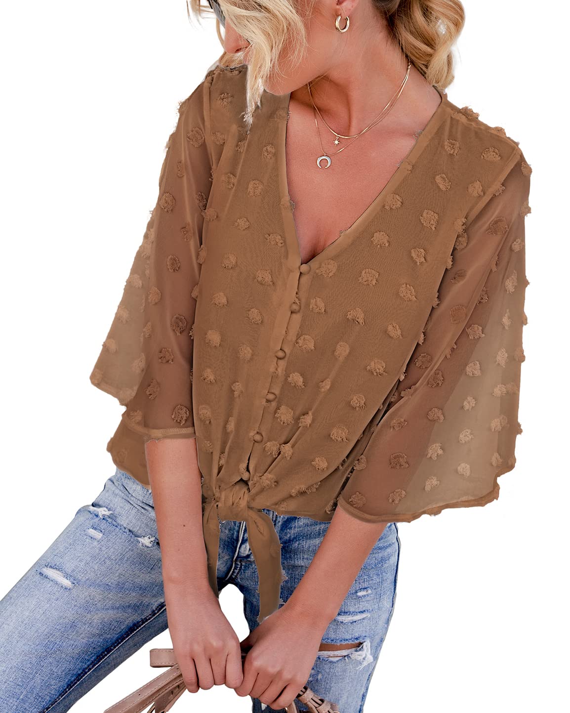 Luvamia Women's Swiss Dot Blouse - Elegant 3/4 Bell Sleeve Button Down Shirt for Work & Date Night | Cute Dressy Tops for Office, Party & Special Occasions