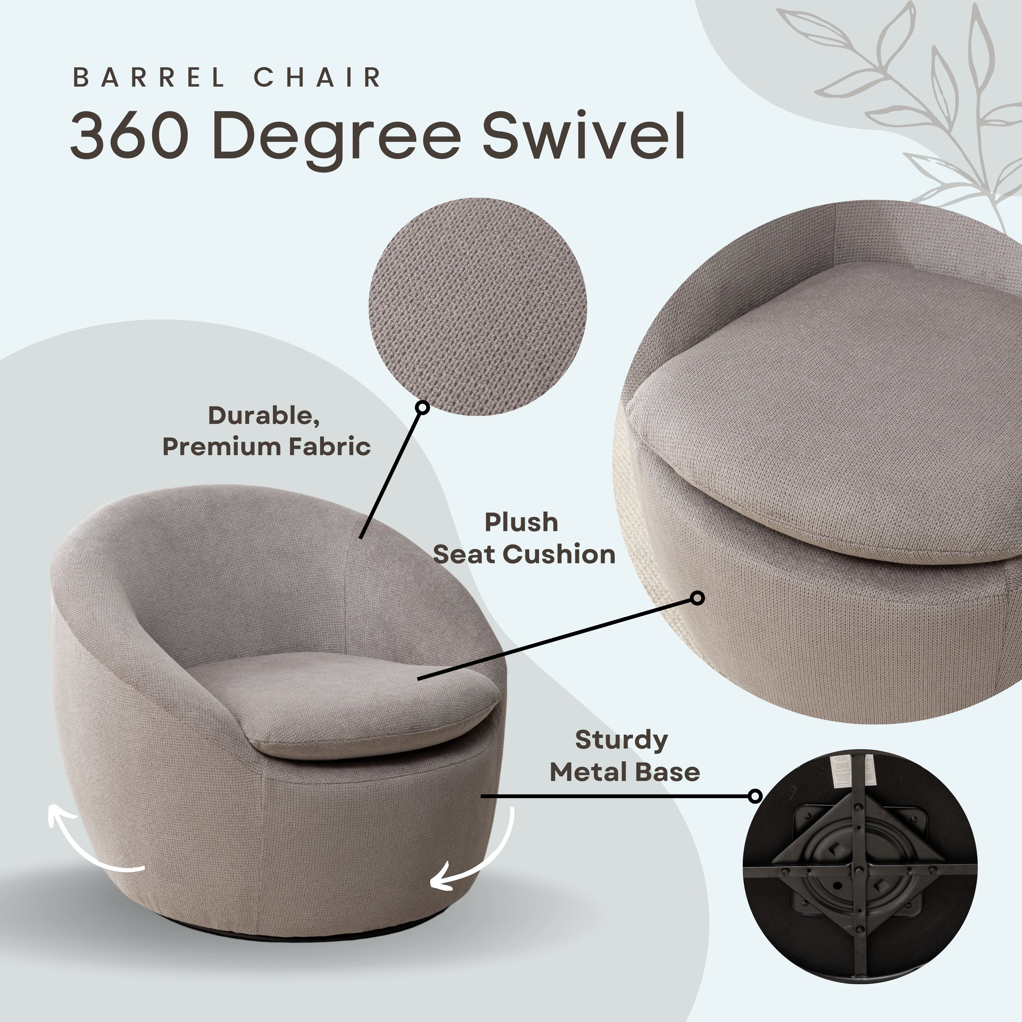 Roundhill Furniture Winnie Modern Barrel Chair - 360° Swivel Accent Chair with Upholstered Seat & Metal Base for Living Room, Bedroom or Office