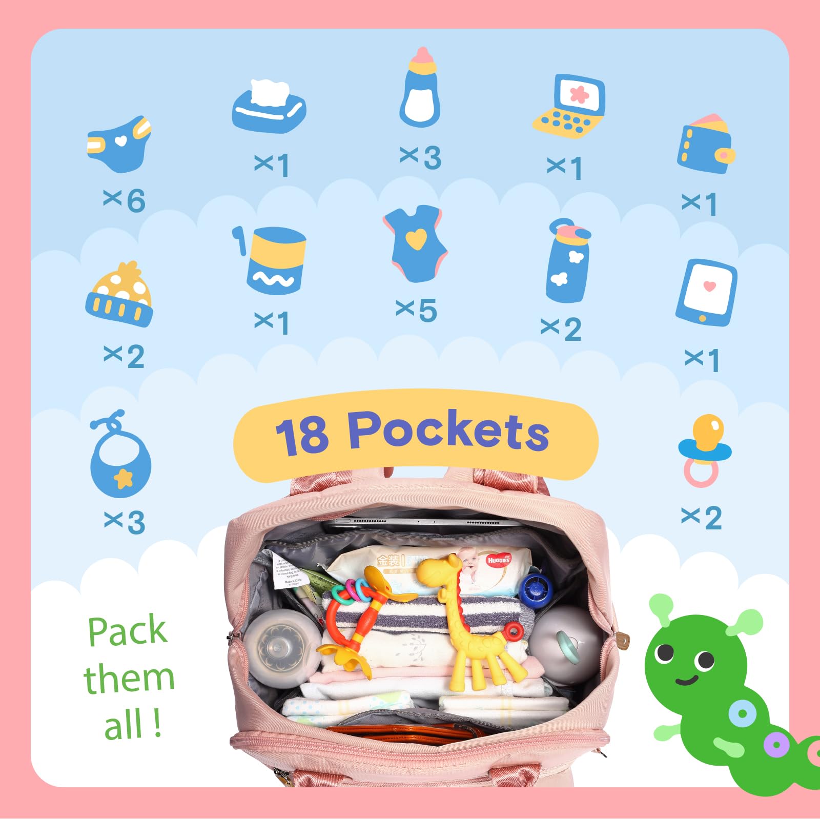 **Iniuniu Waterproof Diaper Backpack - Large 4-in-1 Unisex Baby Bag for Boys & Girls with Changing Pad, Pacifier Case & Stroller Straps (Pink) - Perfect for Travel, Daycare & On-the-Go Parents**