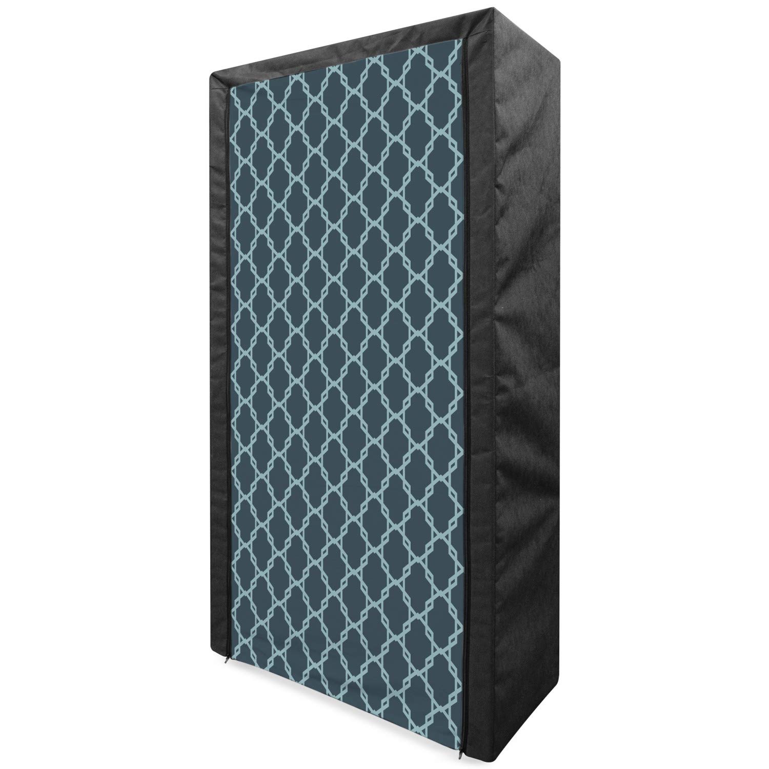 Ambesonne Quatrefoil Portable Fabric Wardrobe - Moroccan Oriental Pattern Antique Tiling Design Closet Organizer with Shelves, 33.5 Inches, Slate Blue & Pale Blue - Perfect for Bedroom, Closet, Dorm & Apartment Storage Solutions