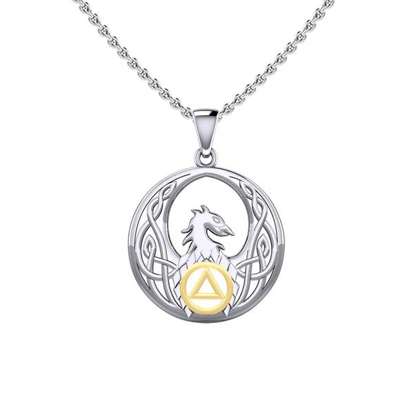 Celtic Phoenix Recovery Pendant - Sterling Silver with 14K Gold Accent - AA or NA Symbol - Adjustable 18