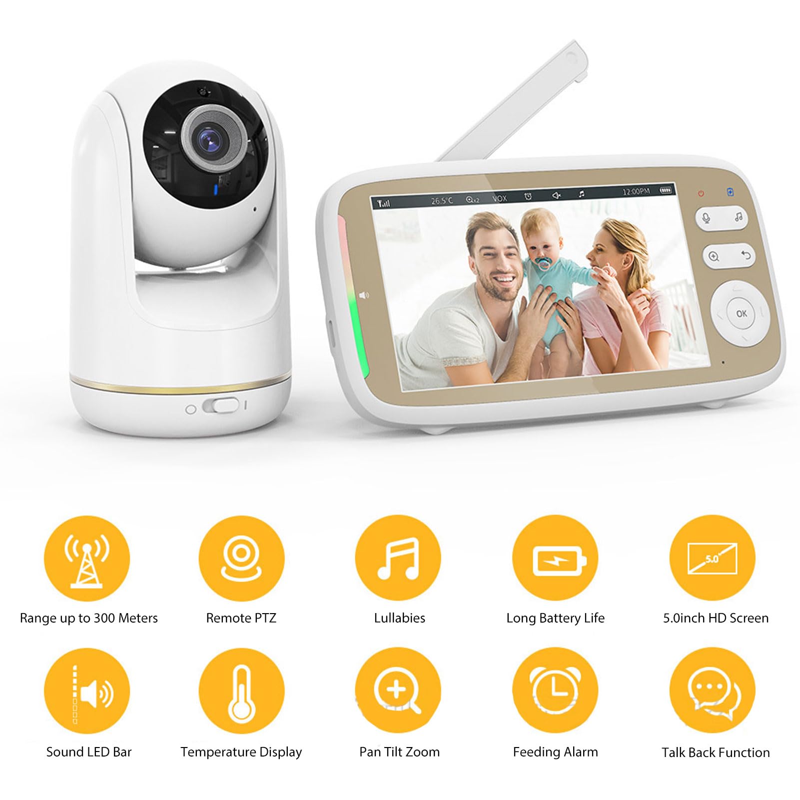 HD Baby Monitor with 5-Inch Screen, 2-Way Audio, Temperature Display & Lullabies - Home Security Camera for Pets & Kids (US Plug) | Perfect for Nursery, Bedroom & Pet Safety Monitoring