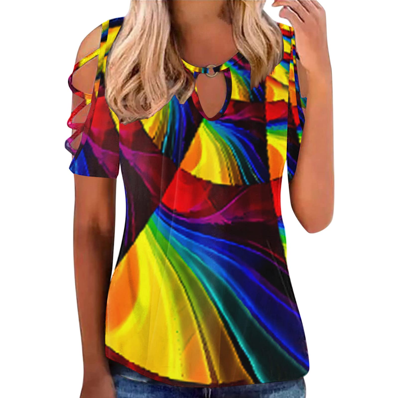 2022 Women's Summer Spring Short Sleeve Tops - Cold Shoulder Cut Out Design with Deep V Neck & Hollow Out Details | Casual Blouses for Beach, Party & Everyday Wear