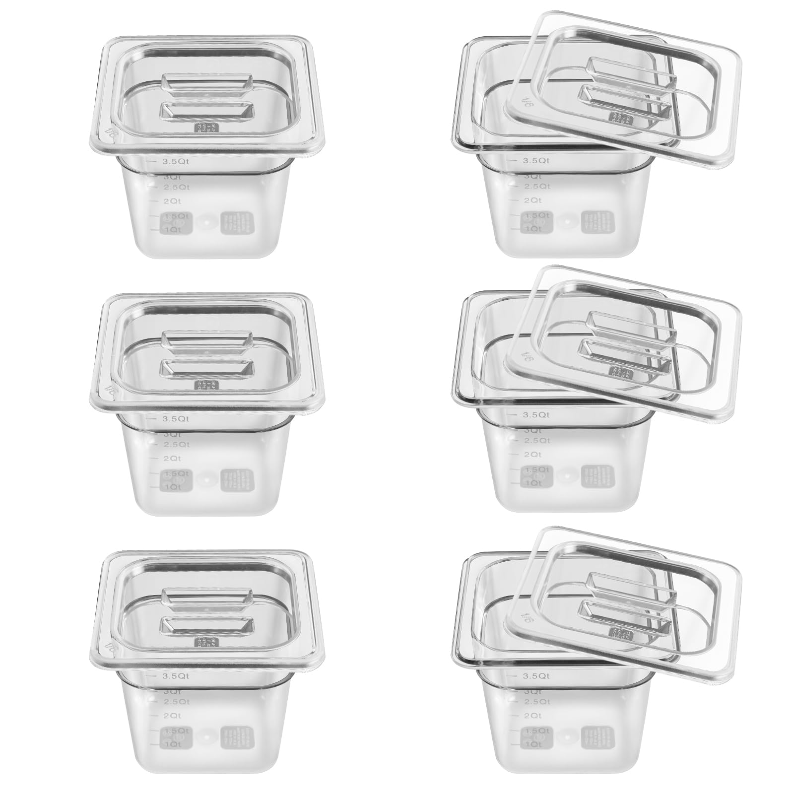 6 Pack 1/6 Size 6-Inch Deep Clear Food Pans with Lids - Commercial Grade Polycarbonate Transparent Food Storage Containers - Stackable Plastic Pans with Capacity Scale - Perfect for Restaurants, Catering & Food Prep