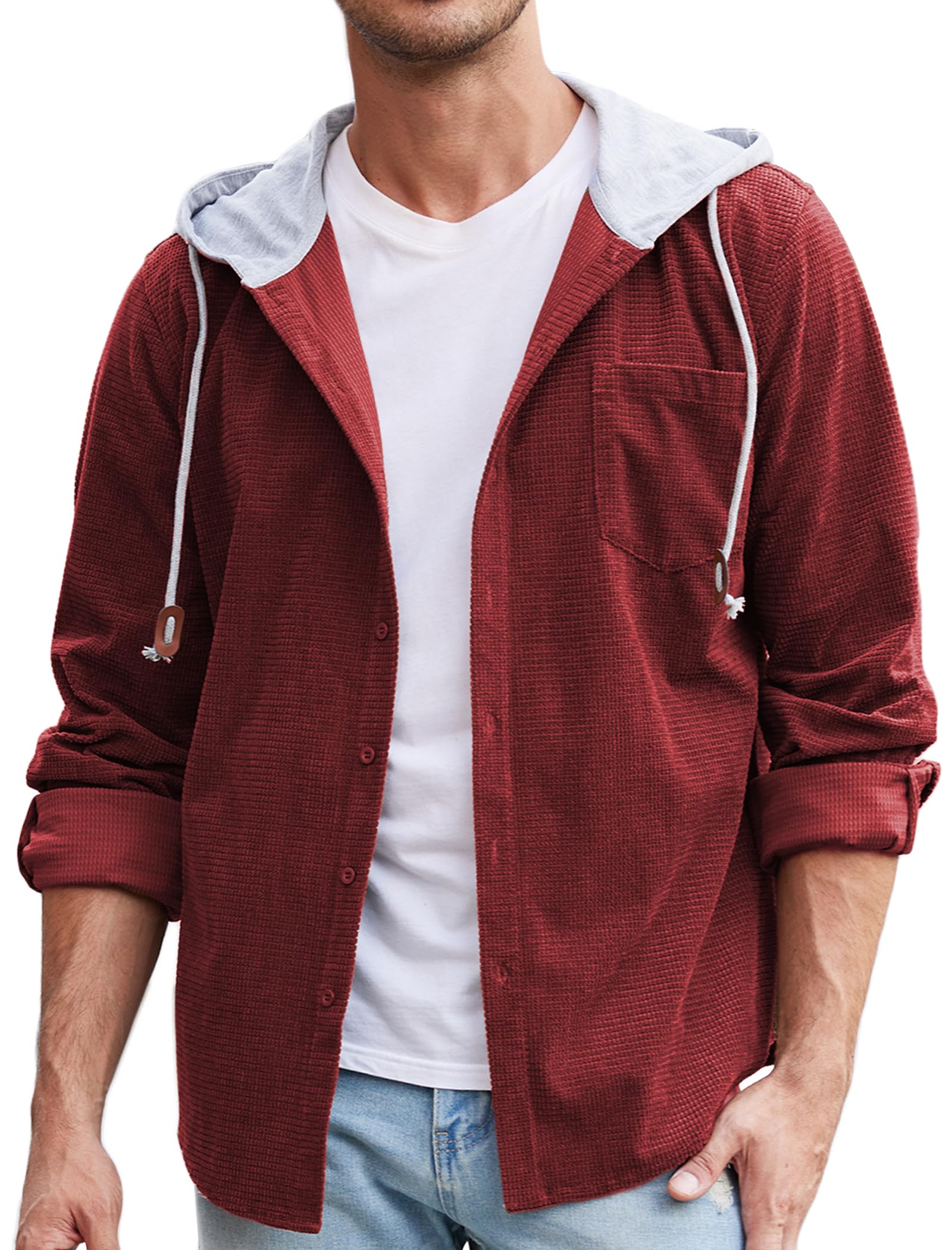 COOFANDY Men's Corduroy Button-Down Shirt Jacket - Casual Long Sleeve Waffle Knit Hooded Sweatshirt for Fall & Winter | Perfect for Outdoor Activities, Workwear, and Street Style Fashion
