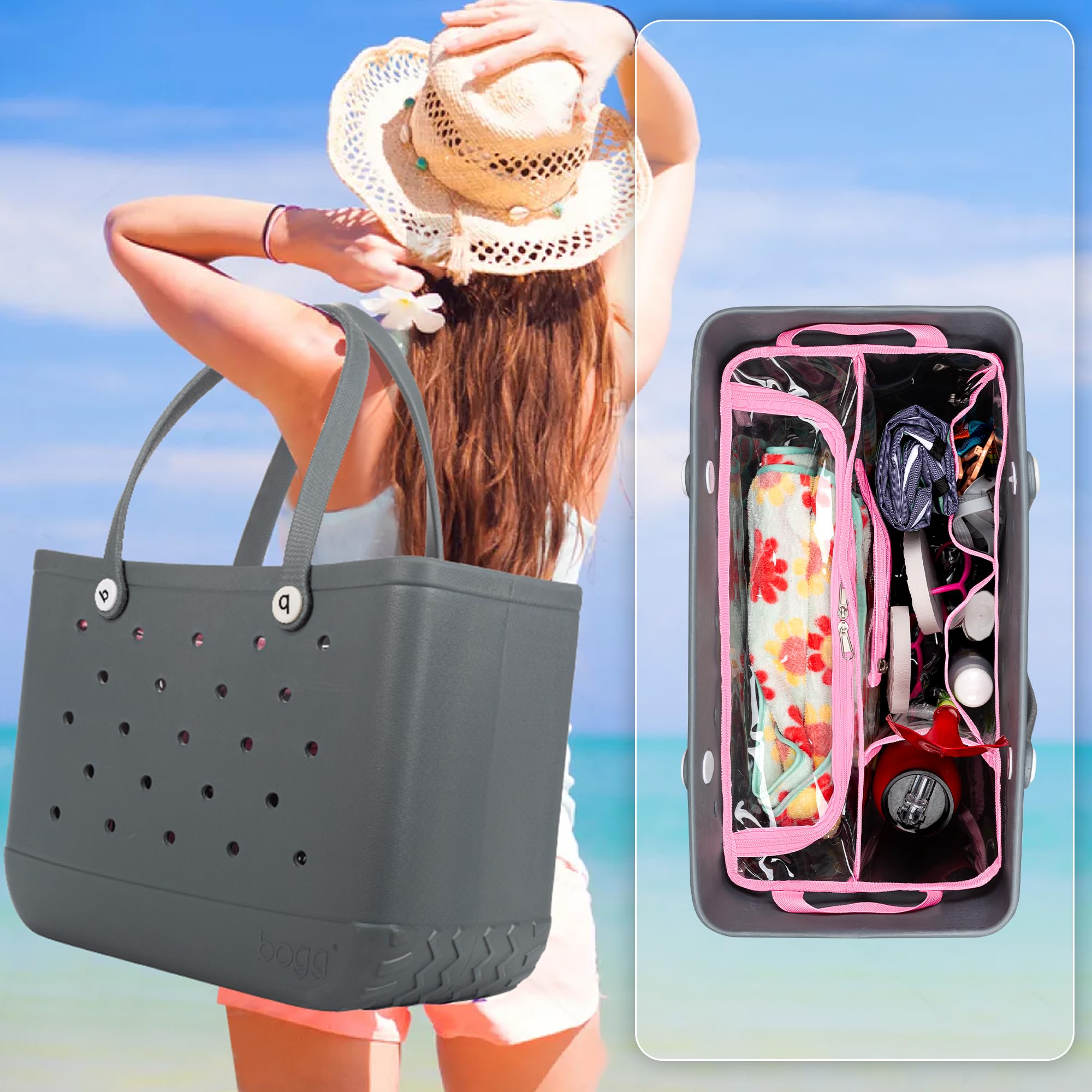 Waterproof Clear Beach Bag Organizer Insert for Bogg Bag X Large - 15.6 x 8.4 x 10.8 Inches Pink Divider Pouch - Perfect for Beach Trips, Poolside Essentials & Travel Organization