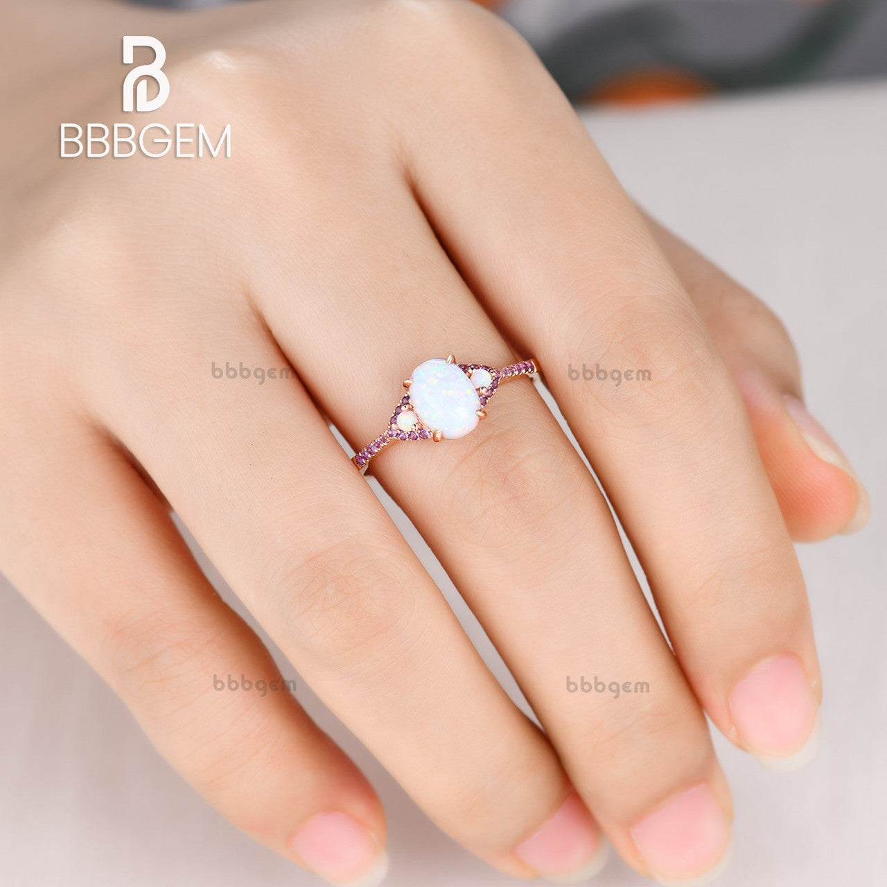 14K Oval Created Opal & Amethyst Halo Three-Stone Engagement Ring for Women | Vintage Inspired Wedding Band, Promise Ring, Anniversary Gift for Her