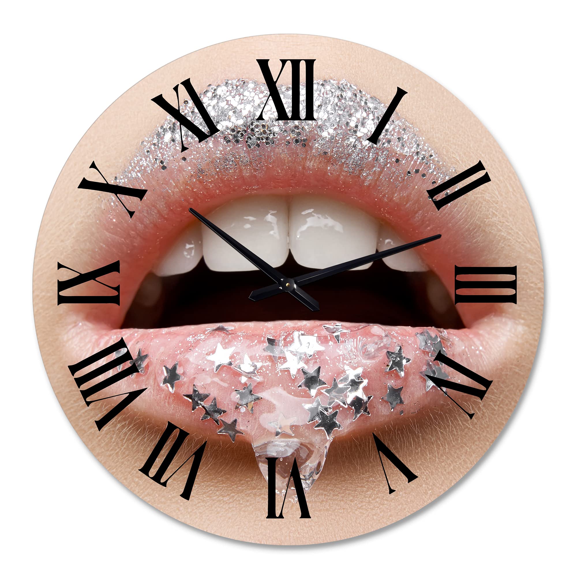 DesignQ Modern Wall Clock - Large 'Female Lips with Gel & Stars' Art Decor for Office, Living Room, Bedroom | Unique Home & Workspace Decoration