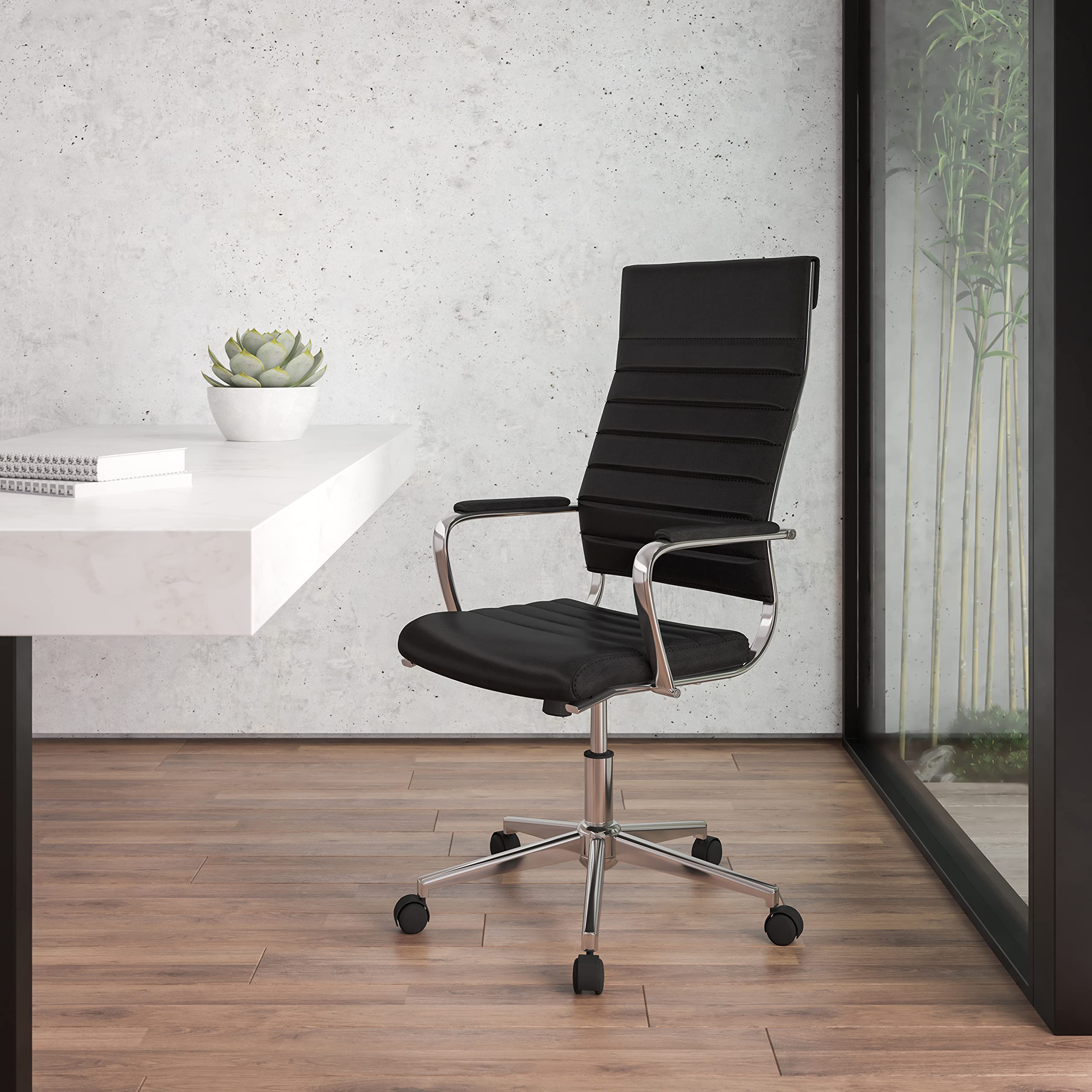 EMMA + OLIVER High Back Black LeatherSoft Ribbed Executive Swivel Office Chair - Ergonomic Desk Chair for Home & Office Workspace - Perfect for Long Hours of Computer Work, Video Conferencing, and Professional Meetings