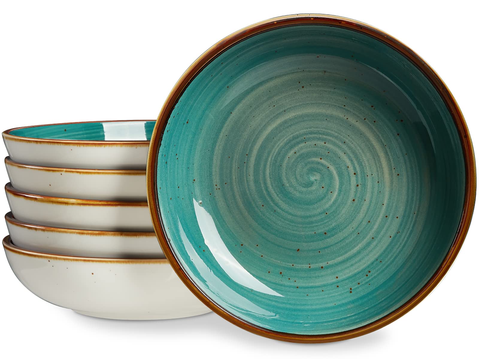 ONEMORE 30oz Porcelain Salad & Pasta Bowls Set of 6 - Ceramic Dinner Plates, Wide Shallow Serving Bowls for Soup, Dessert, Pizza - Microwave & Dishwasher Safe Kitchen Dinnerware in Teal - Perfect for Family Dinners, Parties & Restaurant Use