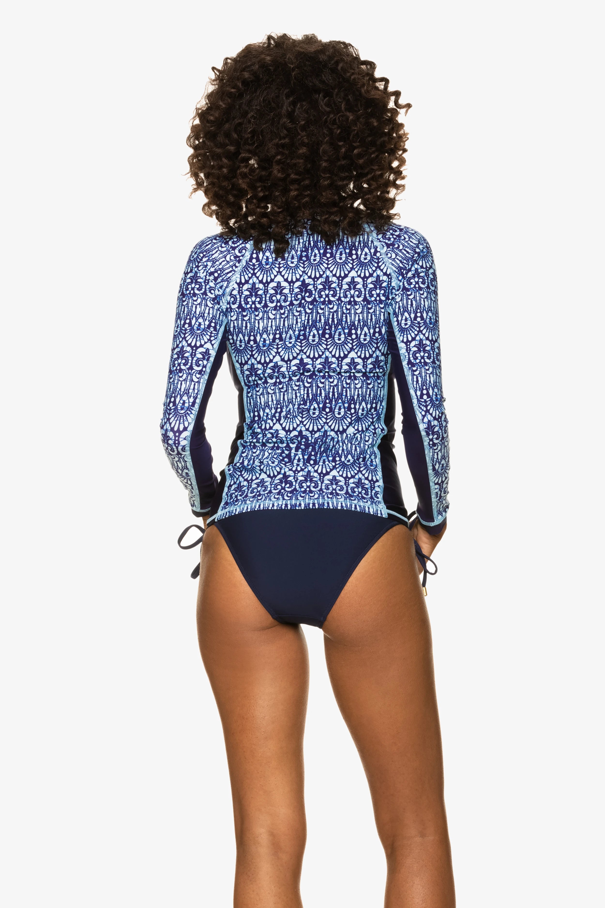 Island UPF 50+ Sun Protection Rash Guard Swim Shirt - Navy Blue Batik Print for Men & Women - Perfect for Beach, Surfing, and Water Sports