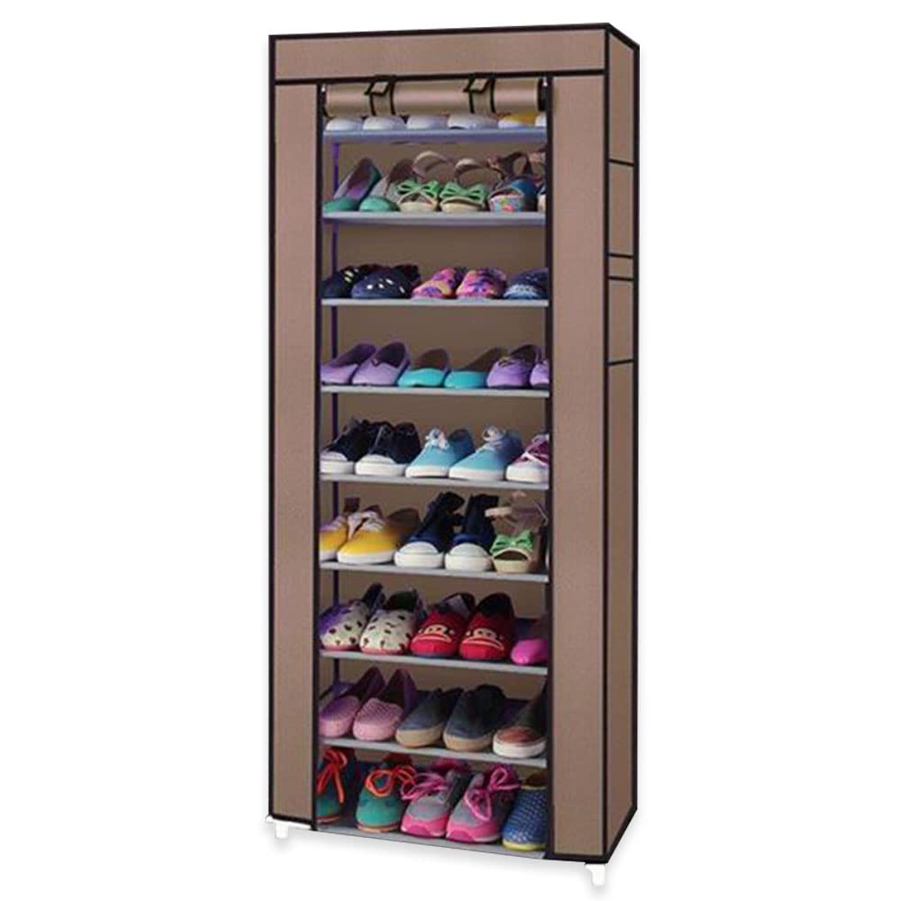 BNSPLY 10-Tier Non-Woven Fabric Shoe Rack with Dustproof Cover - Large Shoe Storage Organizer with 2 Side Pockets for Closet, Bedroom, Garage & Entryway - Perfect for Organizing Sneakers, Boots & High Heels