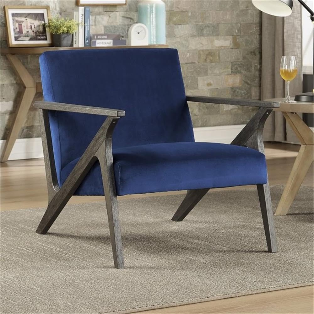 Pemberly Row 16'' Mid-Century Modern Accent Chair - Navy Blue Velvet Upholstery with Wooden Legs | Perfect for Living Room, Bedroom, or Office Decor