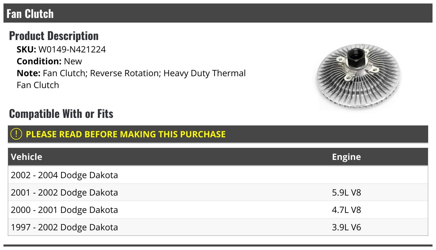 1997-2004 Dodge Dakota Fan Clutch Replacement - OEM Fit Cooling System Part for Improved Engine Performance - Perfect for Off-Roading, Towing & Daily Driving
