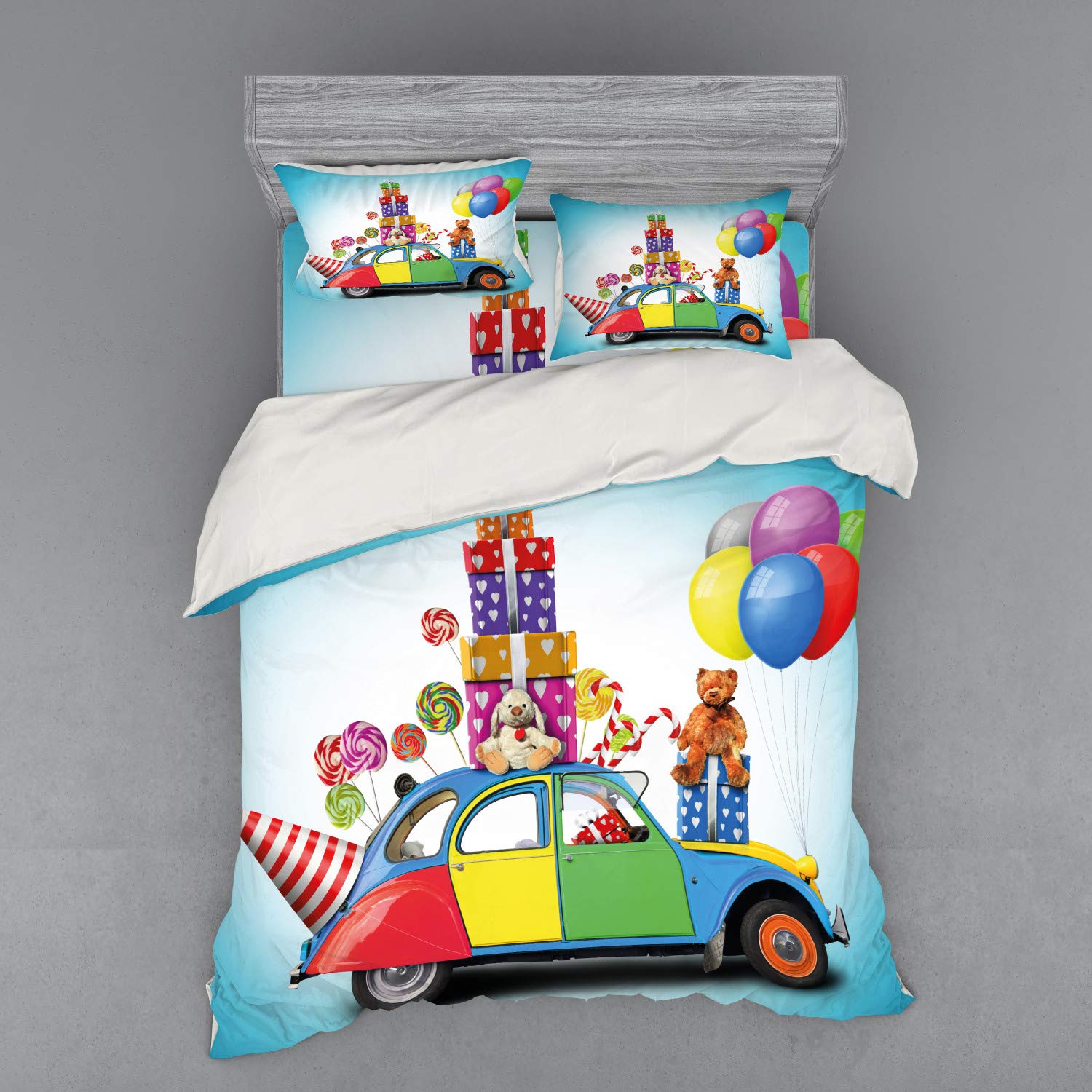 Ambesonne Colorful Birthday Bedding Set - 4 Piece Duvet Cover with Shams & Fitted Sheet, Queen Size, Multicolor Car with Presents, Toys, Lollipops & Balloons Design | Perfect for Kids' Rooms, Birthday Parties & Holiday Celebrations