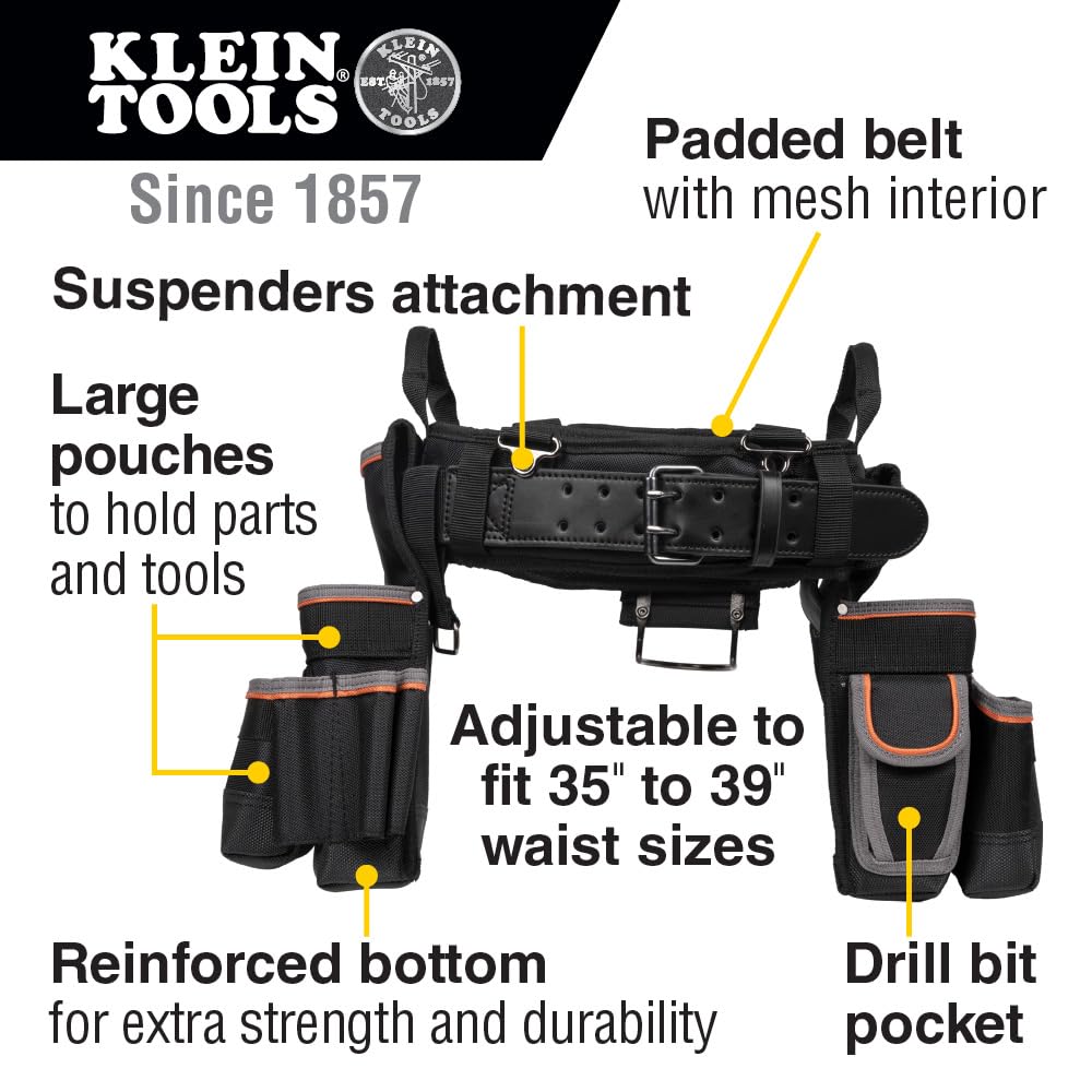 Klein Tools 55428 Tradesman Pro Electrician's Padded Tool Belt & Pouch Set - Large Size for Comfort & Durability | Ideal for Electricians, Construction Workers & DIY Projects